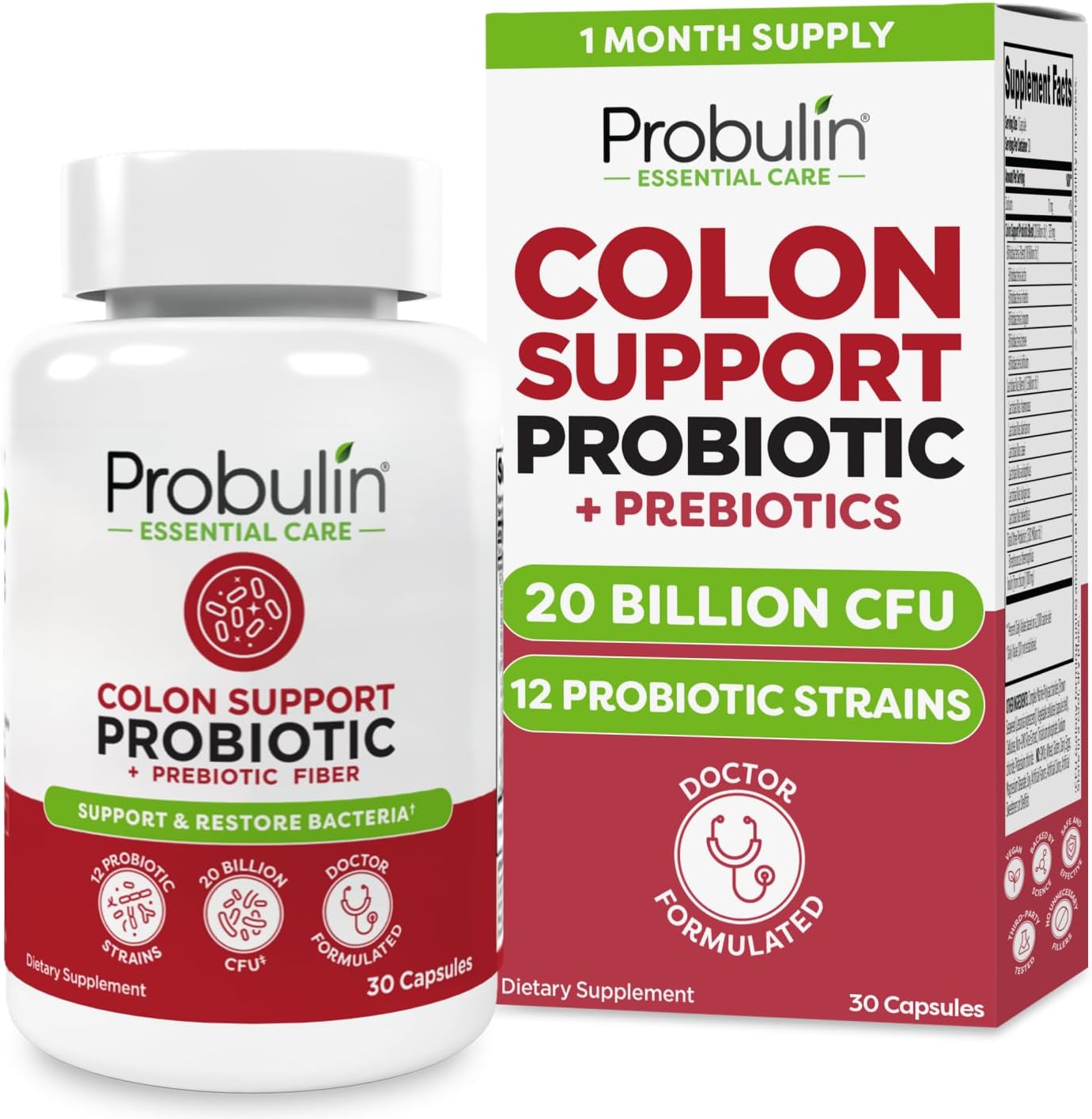 Probulin Colon Support Daily Probiotic + Prebiotic + Support Gut Health, Occasional Gas and Bloating - 20 Billion CFU - 12 Strains, 30 Vegan Capsules