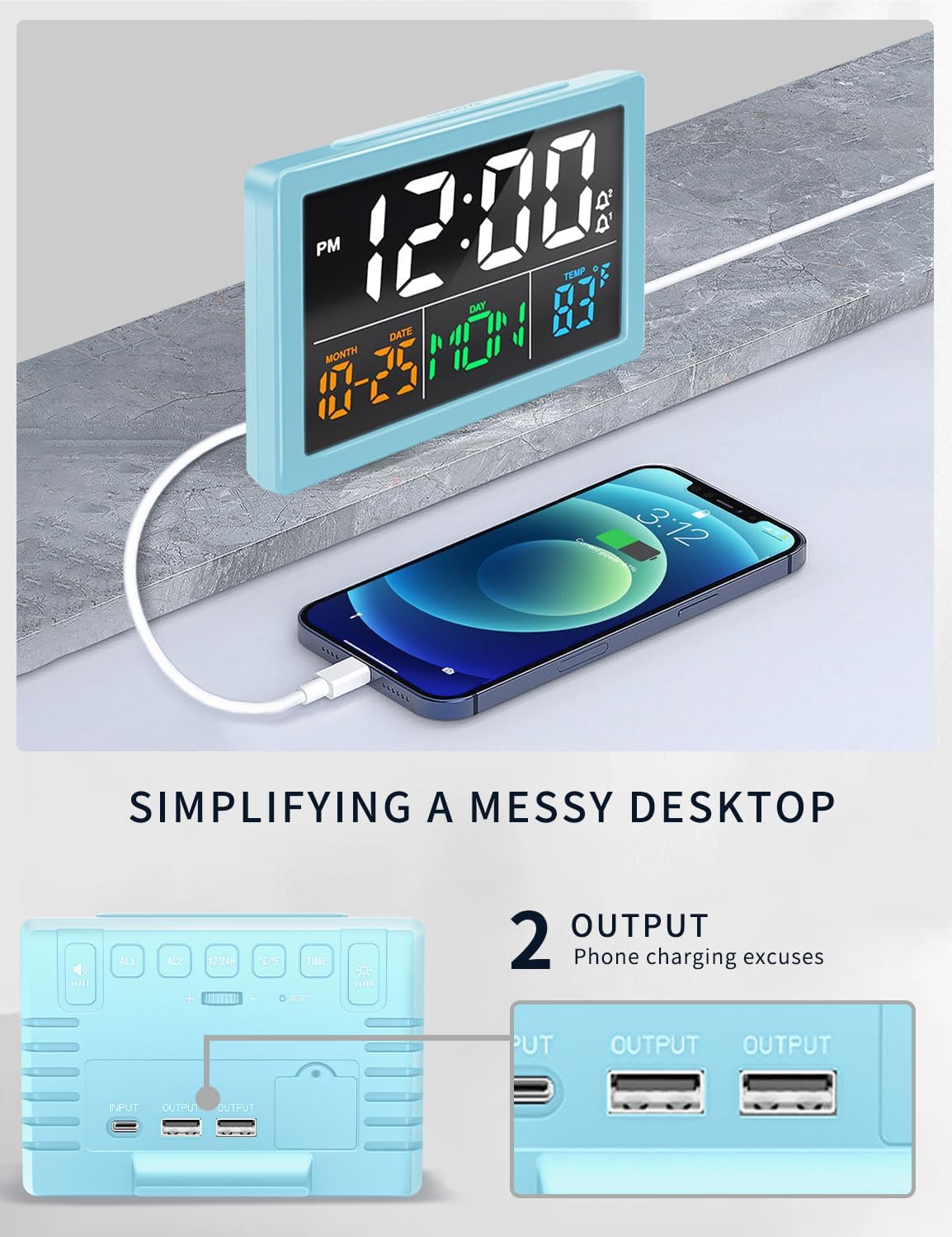 JALL Digital Clock with Date Day for Seniors, Electric Alarm Clocks for Bedrooms with Temperature, 2 Alarms, Dimmer, Dual USB Charger, Battery Backup
