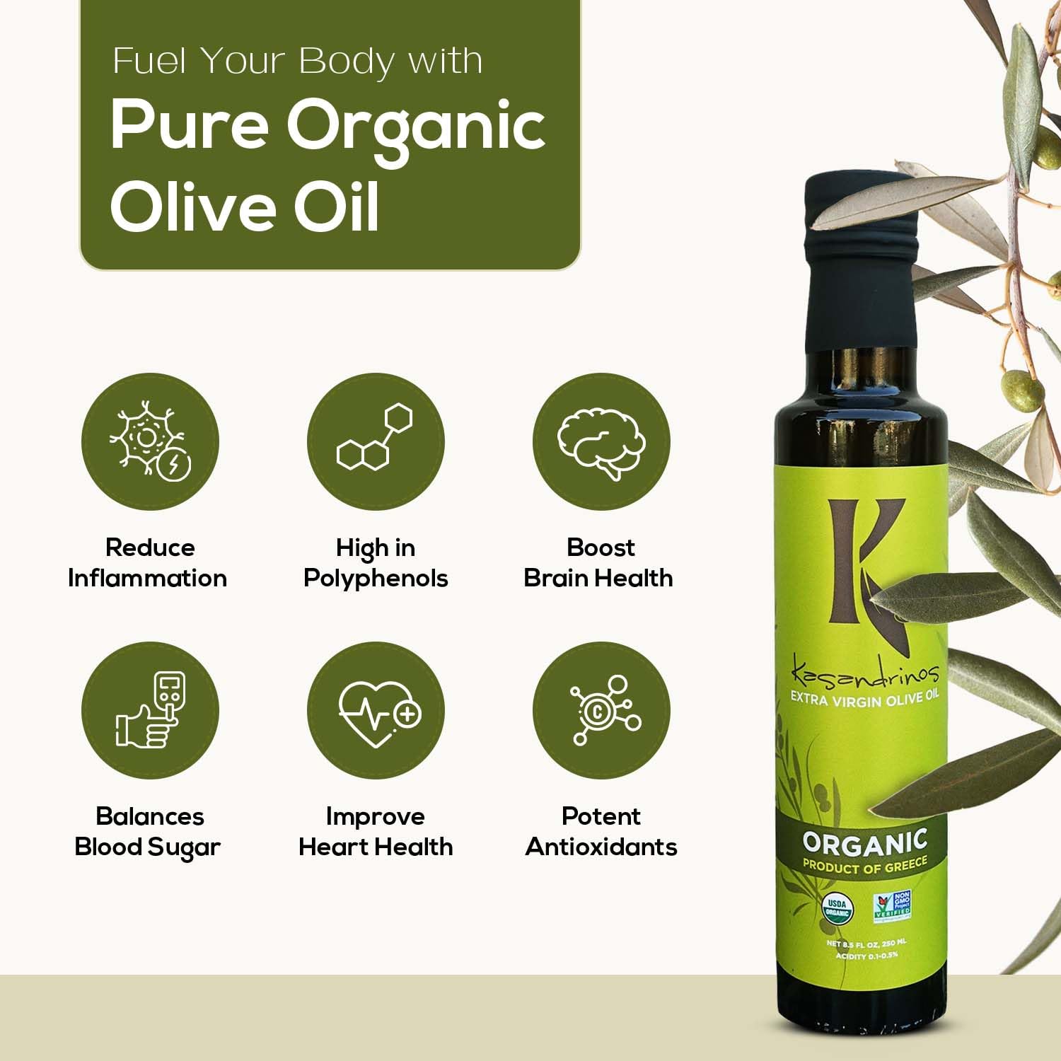 Kasandrinos Organic Olive Oil Extra Virgin, Polyphenol Rich Greek Olive Oil, 100% Organic First Cold Pressed, Mild + Delicate Flavor, Verified by Non GMO, 500 ml / 16.9 oz
