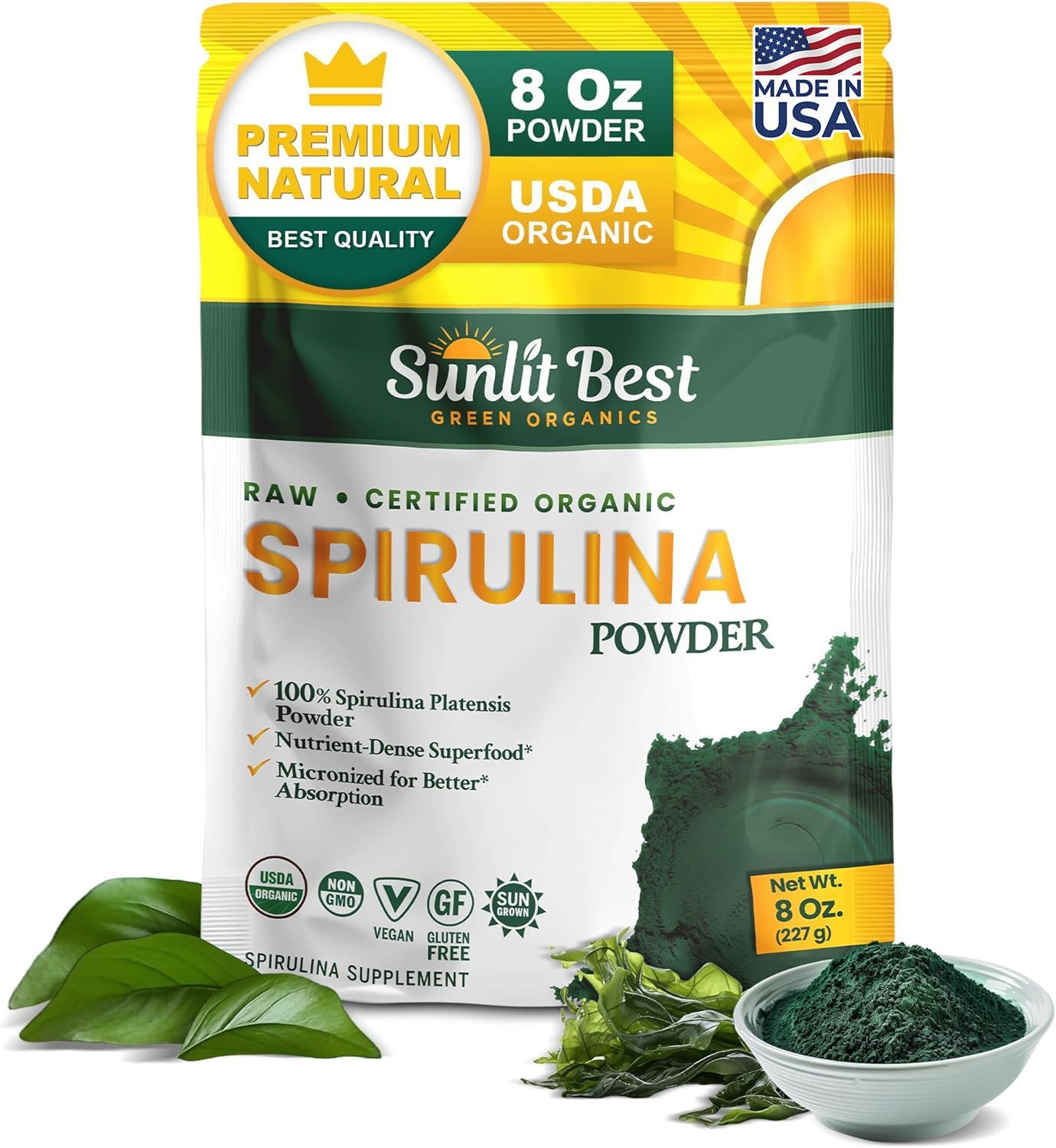 Sunlit Best Organic Spirulina Tablets, Pure Natural Superfood Pills 1000 CT | USDA Certified, 60% Vegan Protein, 18 Amino Acids, Chlorophyll Antioxidants Enzymes, Non GMO, Immune Liver & Energy Support