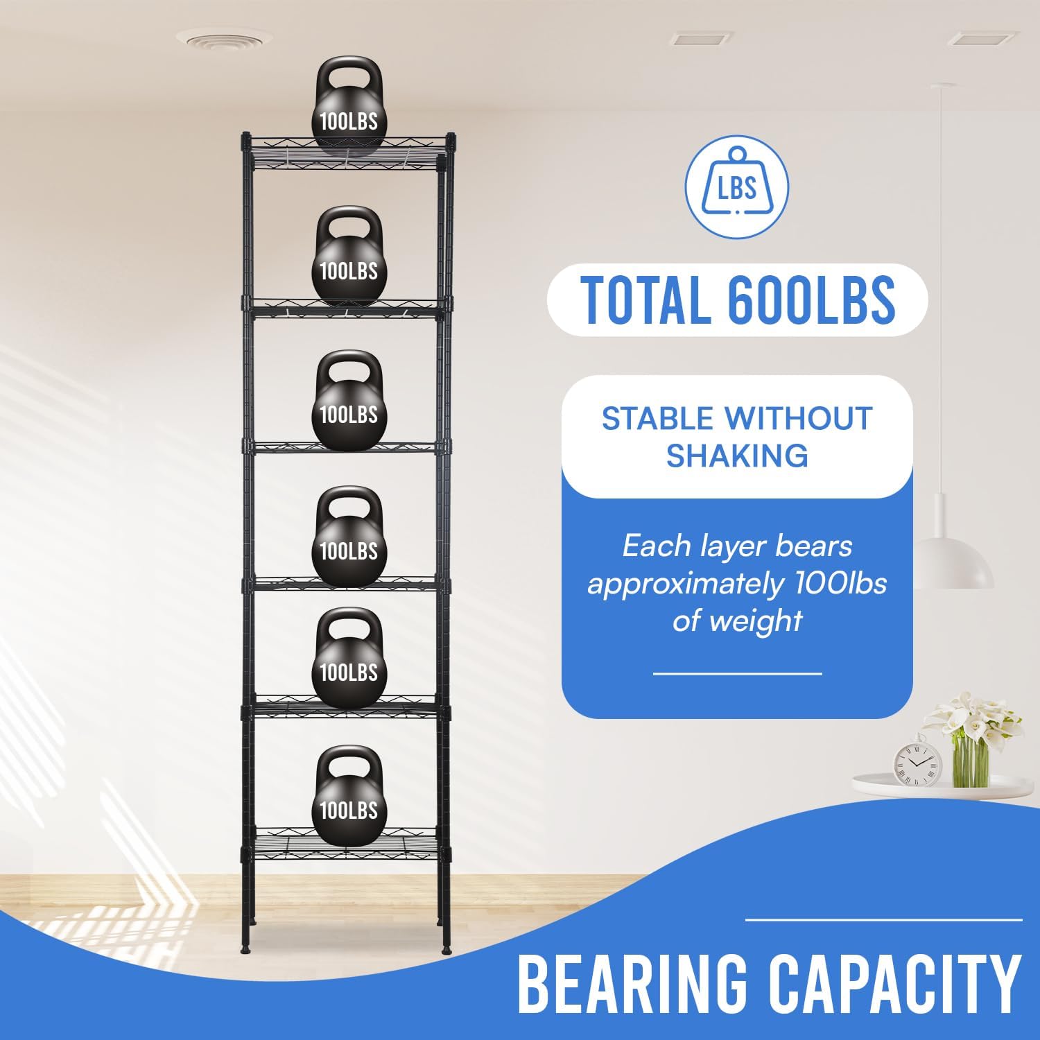 PayLessHere | 6-Tier Wire Shelf with Wheels | 45"x18"x82" | Black