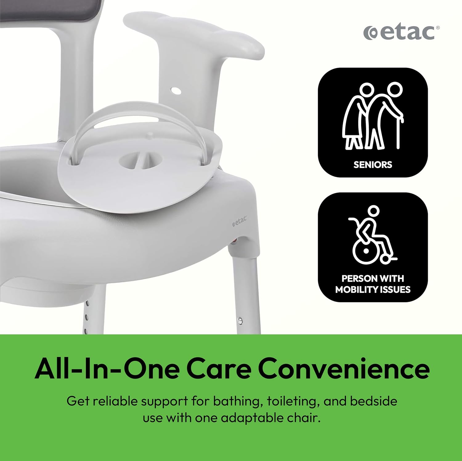 Etac Swift Commode – 3-in-1 Multi-Purpose Chair: Use as a Bedside Commode, Shower Chair & Toilet Seat Raiser – Height Adjustable, Lightweight