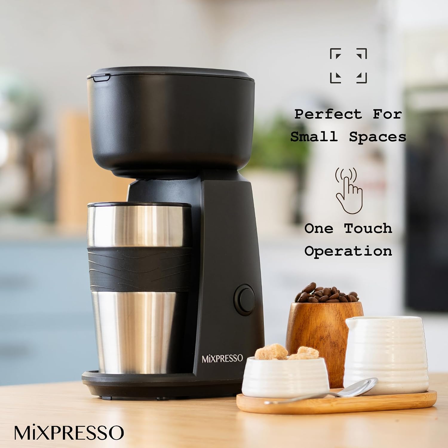 Mixpresso Single Serve & Single Cup Coffee Maker with 14oz Travel Mug Black | For ground coffee only, reusable filter, auto shut off. Compact personal drip coffee maker, not compatible with K-Cup pods.