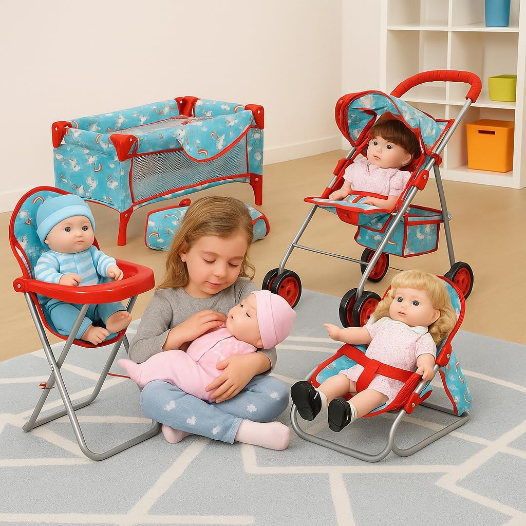 fash n kolor 4 Piece Baby Doll Play Set Flower Design Includes - Foldable Pack N Play, Baby Doll Stroller, Baby Doll High Chair, Infant Seat, Fits Up to 18'' Doll 4 Piece Doll Accessories Set