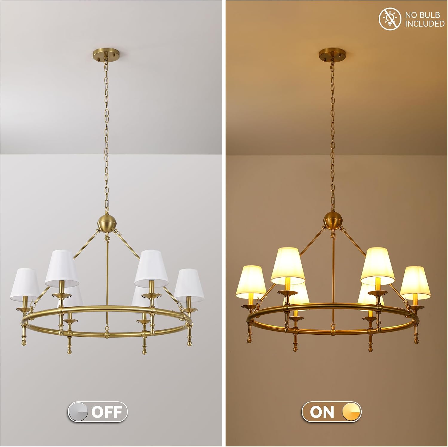 Klgxnrd 6-Light Brushed Gold Wagon Wheel Chandelier with White Fabric Shade | Diameter 34", 5-Layer Electroplated Metal, Height Adjustable 29" To 106"