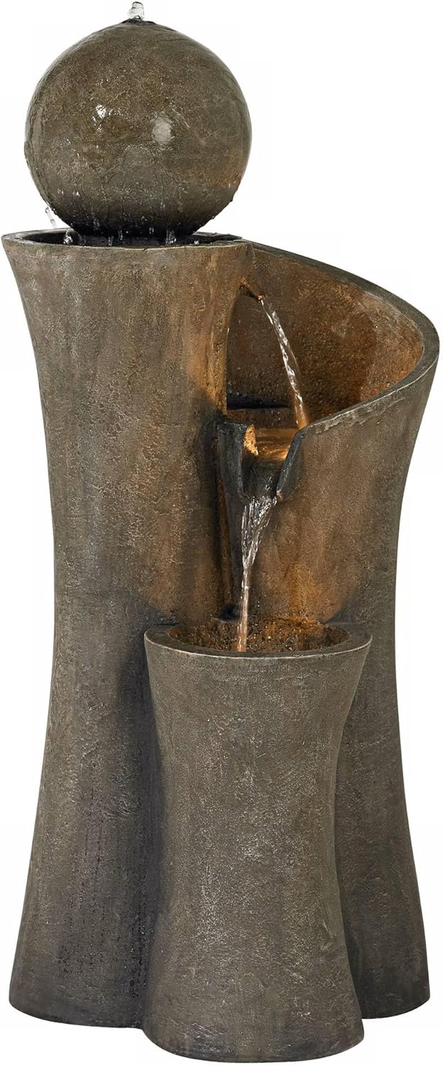 Modern Sphere Curve Cascading 39 1/2" Large LED Outdoor Indoor Fountain | Zen Decor Faux Stone Floor with Light Waterfall Water Feature for Outside