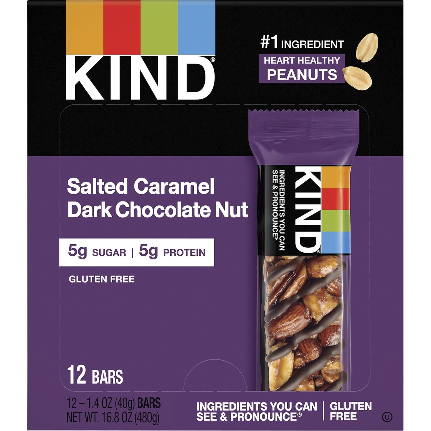 KIND Healthy Snacks Bars, Dark Chocolate Nuts & Sea Salt, Gluten Free, Low Sugar, High Fiber Snacks, 6g Protein, 12 Count