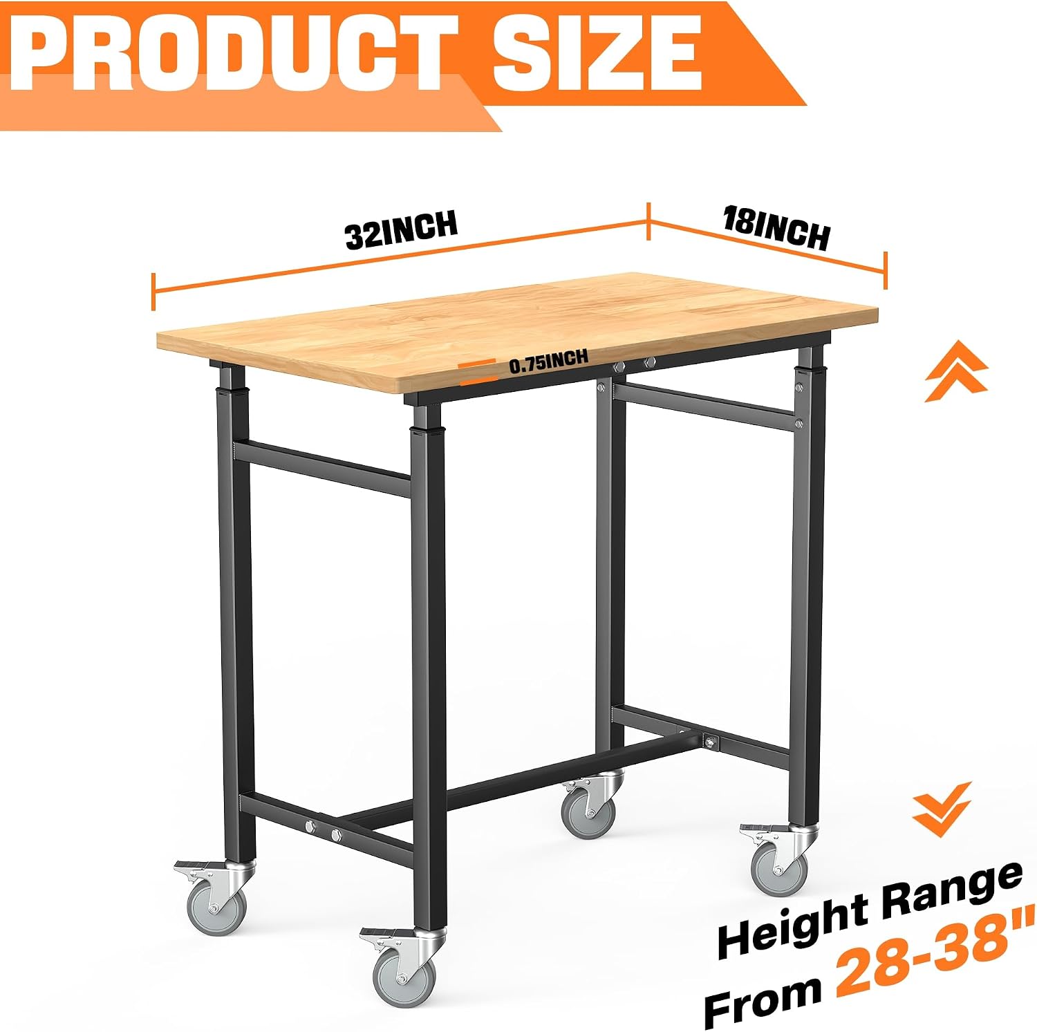 TORACK Adjustable Workbench with Rubberwood Top, Rolling 32x18 in Worktable | Height adjustable 28"–38", heavy-duty garage workbench with Wheels, up to 1000 lbs