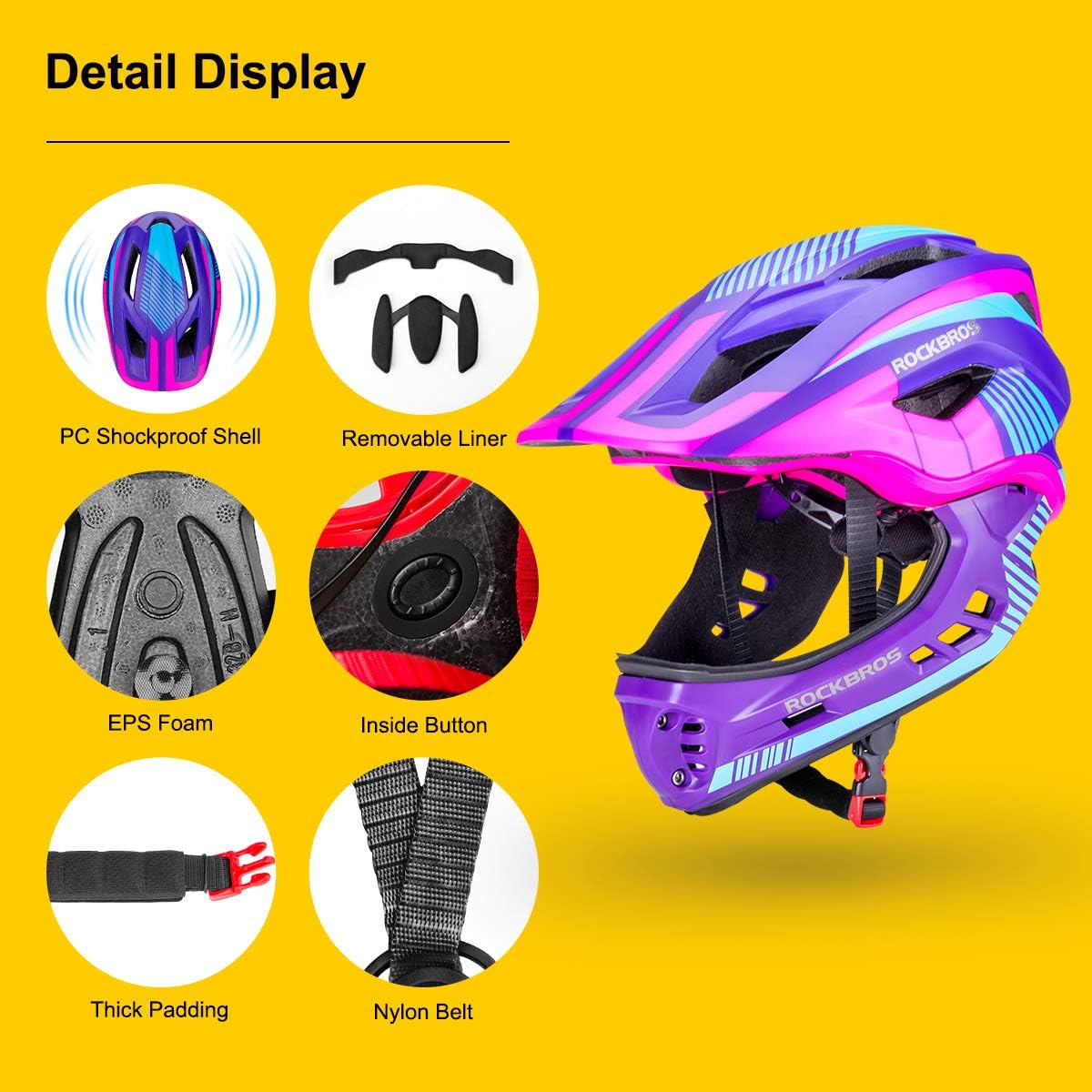 ROCKBROS Kids Full Face Bike Helmet Lightweight Detachable MTB Helmet