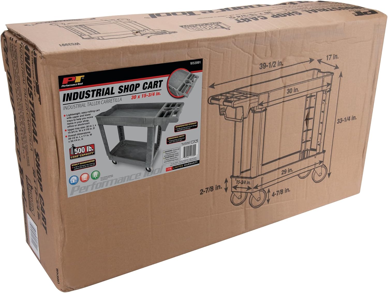 Performance Tool W54004 Two-Shelf Utility Cart with Locking Drawer | Red rolling tiered storage cart with wheels. 350 lb load capacity. Swivel casters. 28x16 inch deep shelves