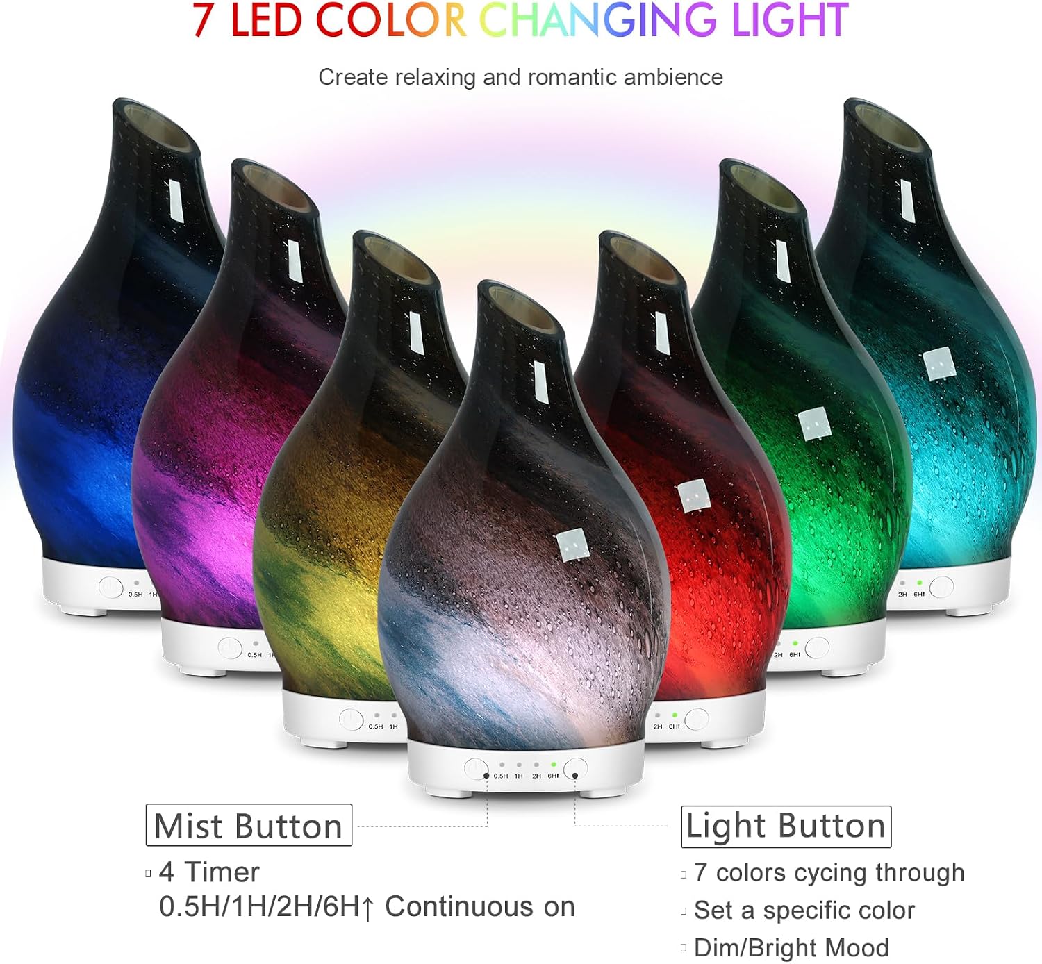 Aromatherapy Essential Oil Diffuser for Home- Art Glass Diffuser for Essential Oils with Waterless Auto Shut-Off 4 Timer 7 Colors LED Night Light