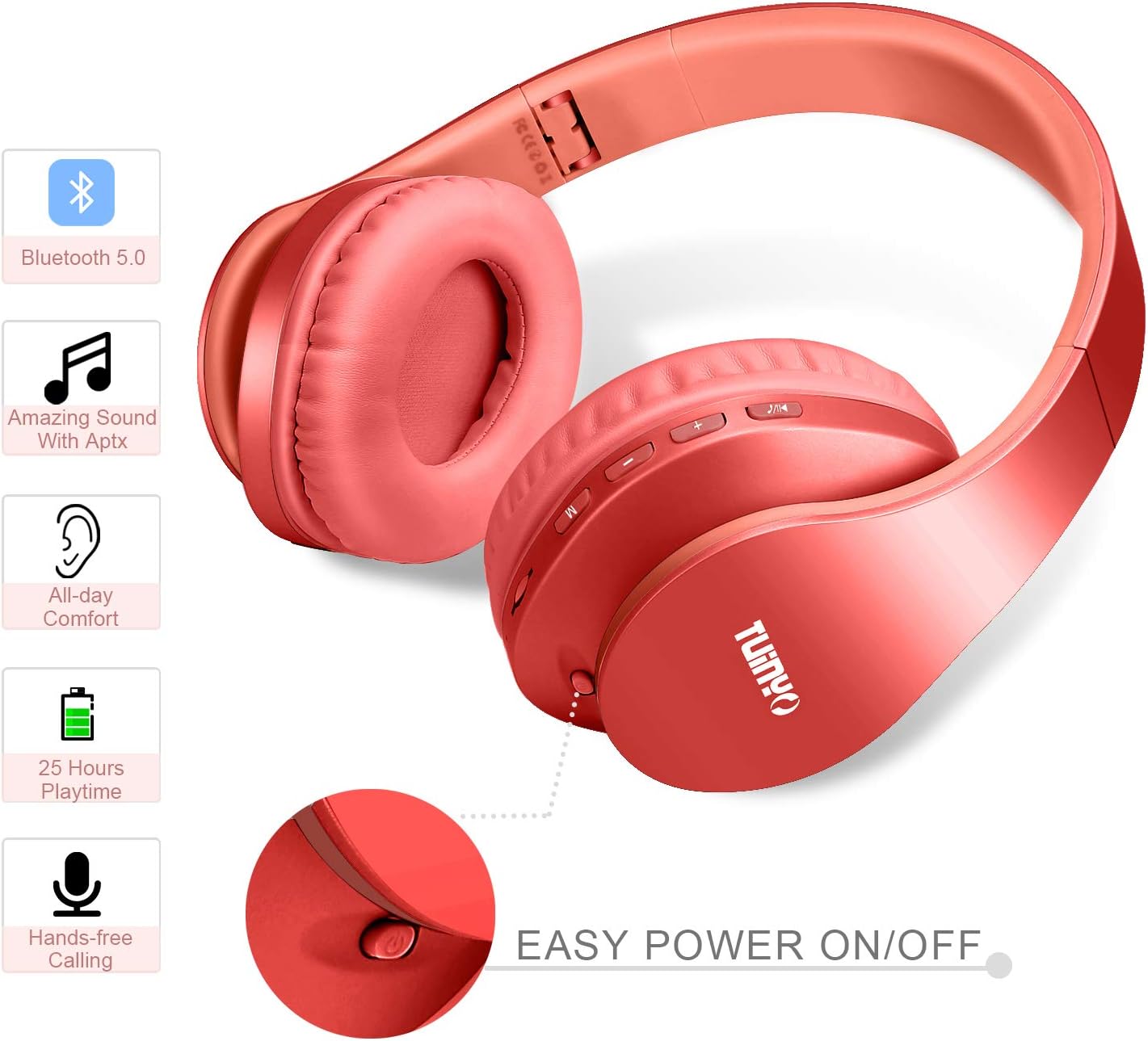 TUINYO Wireless Headphones Over Ear, Bluetooth Headphones with Microphone, Foldable Stereo Wireless Headsetfor Travel Work TV PC Cellphone-Purple