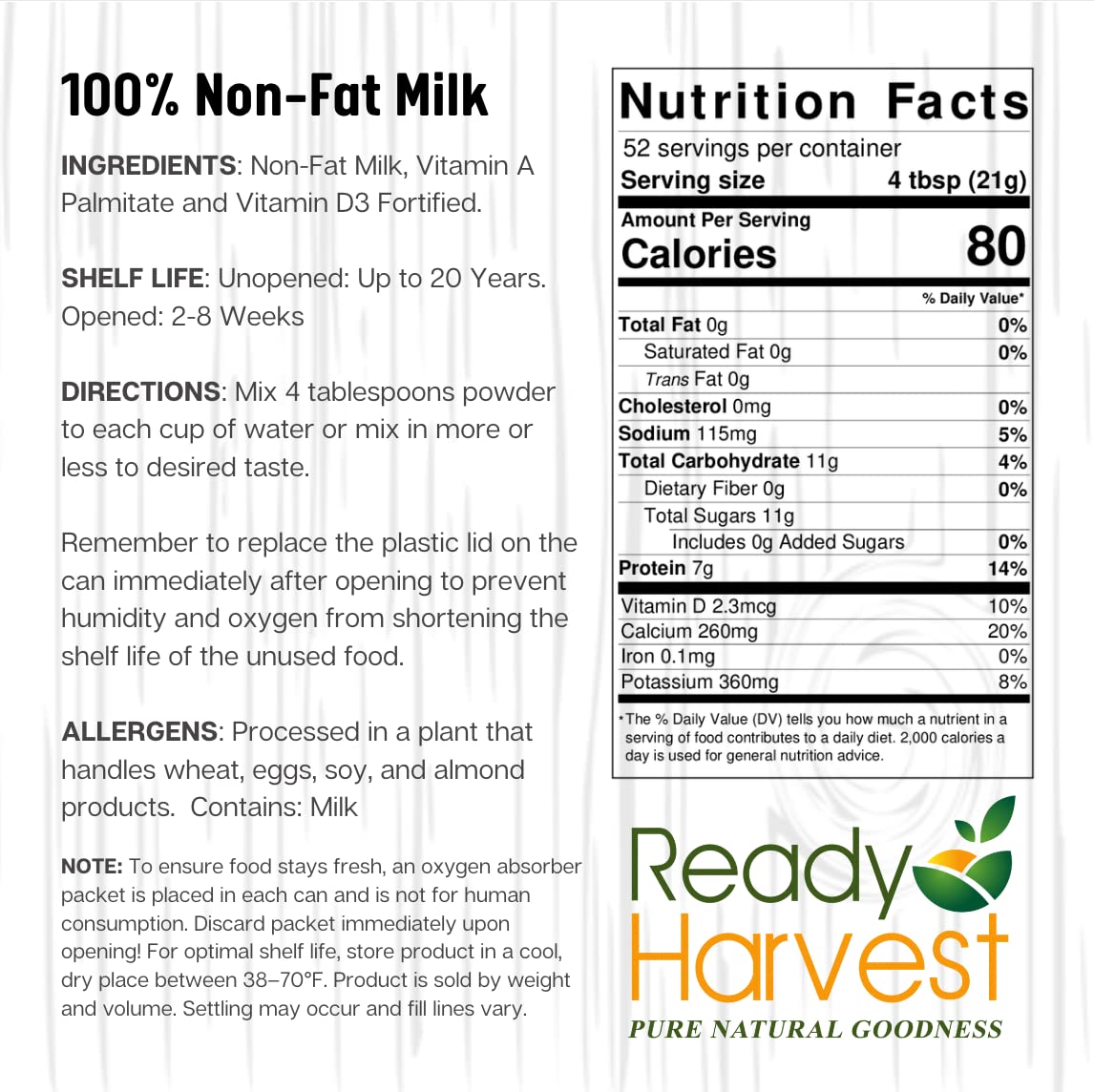 Ready Harvest Emergency Food - Non-Fat Milk Powder | Powdered Milk | Survival Food | #10 Can | 25-Year Shelf Life | 2 lbs | Cans Filled to the Top