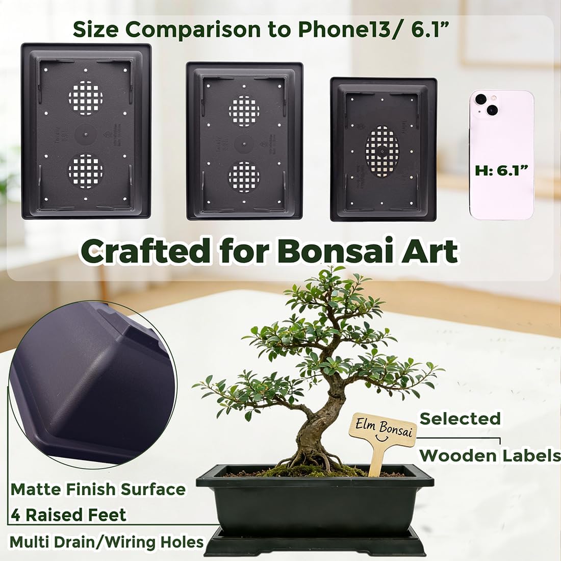 MUZHI 6PCS/Pack Retro Style Basin Plastic Flower Pot 6.5 Inch Flower Bonsai Tree Plant Bowl Nursery Pots Maceta Cuadrada Simulational Purple Sands Pots with Tray Rectangle Small