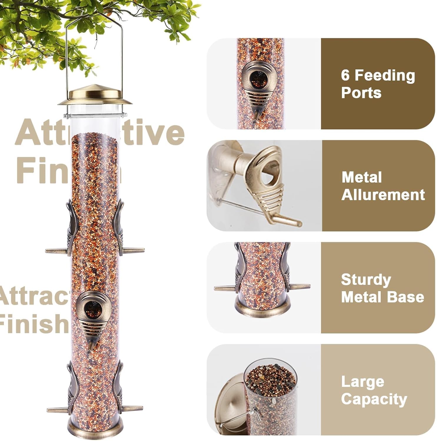 MIXXIDEA 1PK Metal Bird Feeders with 6 Feeding Ports, Tube Bird Feeder with Steel Hanger, Hard Plastic Wild Bird Feeder for Outdoors Hanging