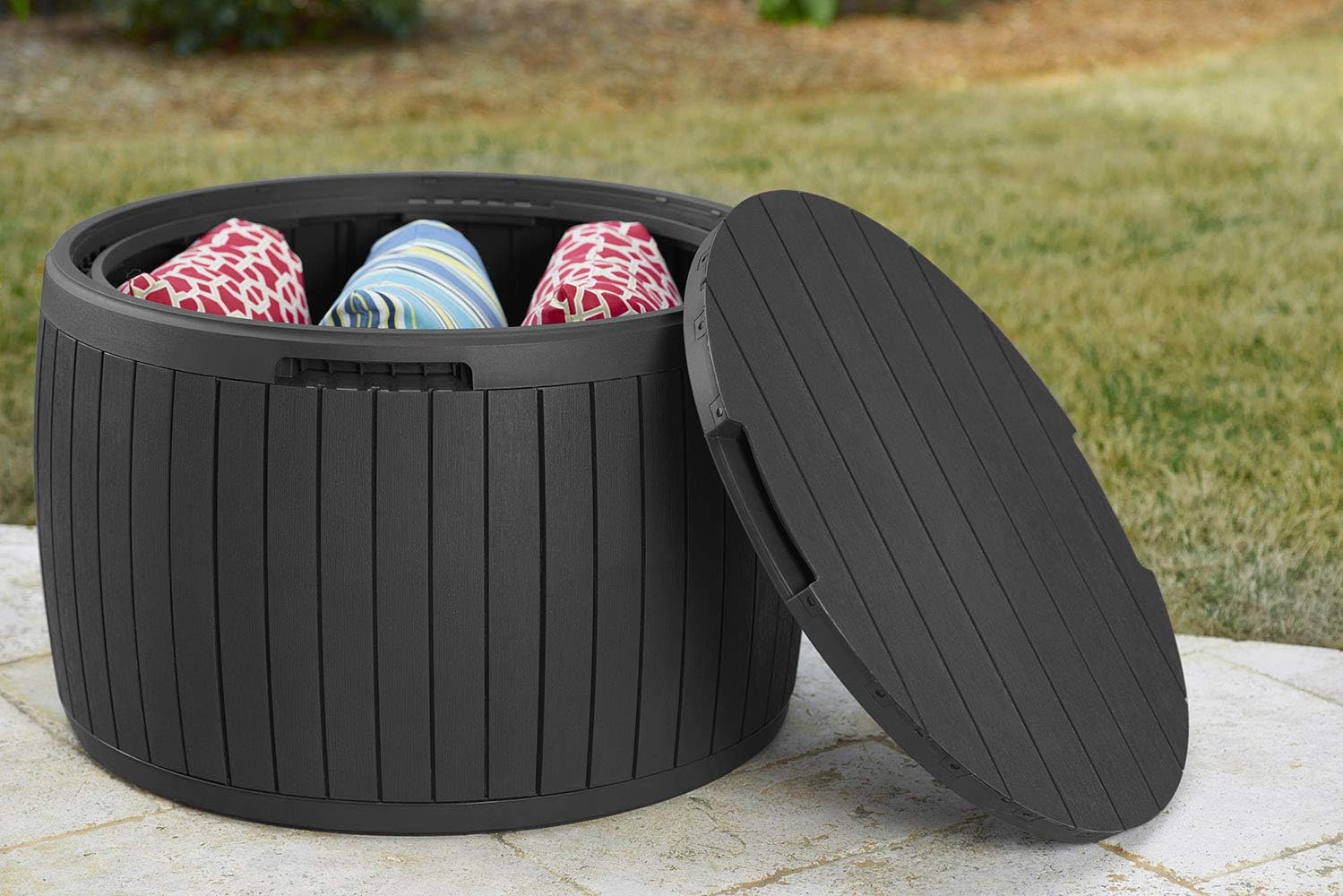 Keter Circa Outdoor Storage Deck Box, 37 Gallon, Brown | Doubles as Ottoman Chair or Side Table, Resin Seating for Garden, Pool & Patio