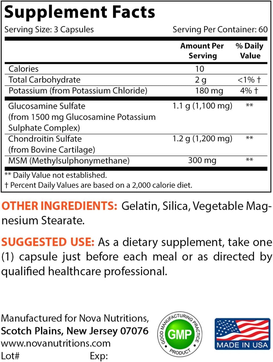 Nova Nutritions Triple Strength Glucosamine Chondroitin MSM 2600mg/Serving Capsules, Supports Healthy Joint