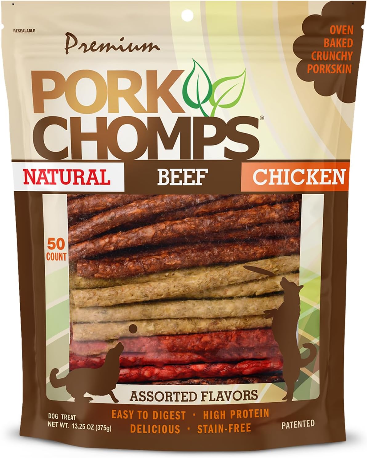 Pork Chomps Dog Chews, 5 in Munchy Sticks, Assorted Flavors, 50 Count | Oven-baked from real pork skin - a rawhide-free chew that's low in fat, high in protein, and easy to digest