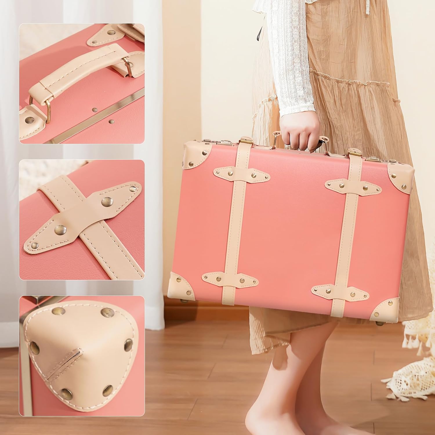 urecity Vintage and Cute Carry-on Overnight Case Non-wheeled Mini Leather Trunk Suitcase with Shoulder Strap