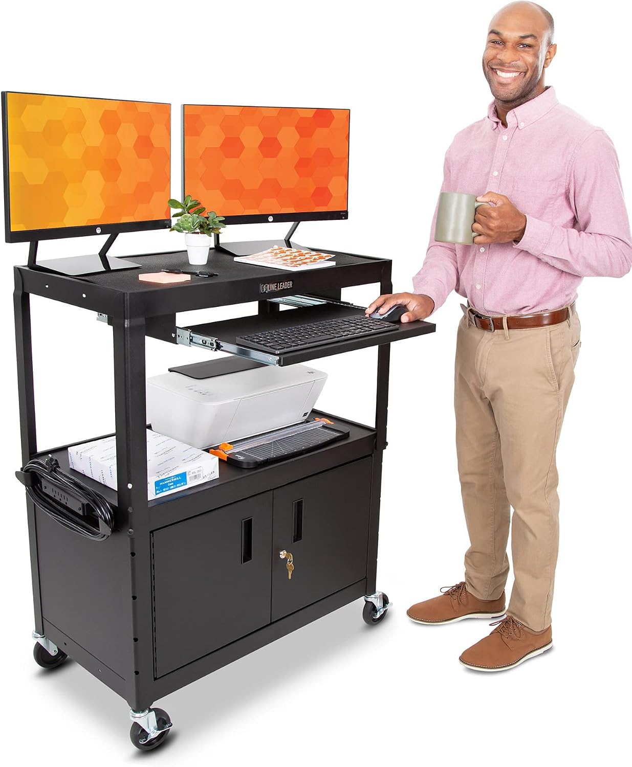 Line Leader AV Cart w/Locking Cabinet, Black Metal Utility Cart with Storage Shelf - Height Adjustable, Mobile and Great for Offices, Classrooms, Libraries (Black, 24in x 18in)