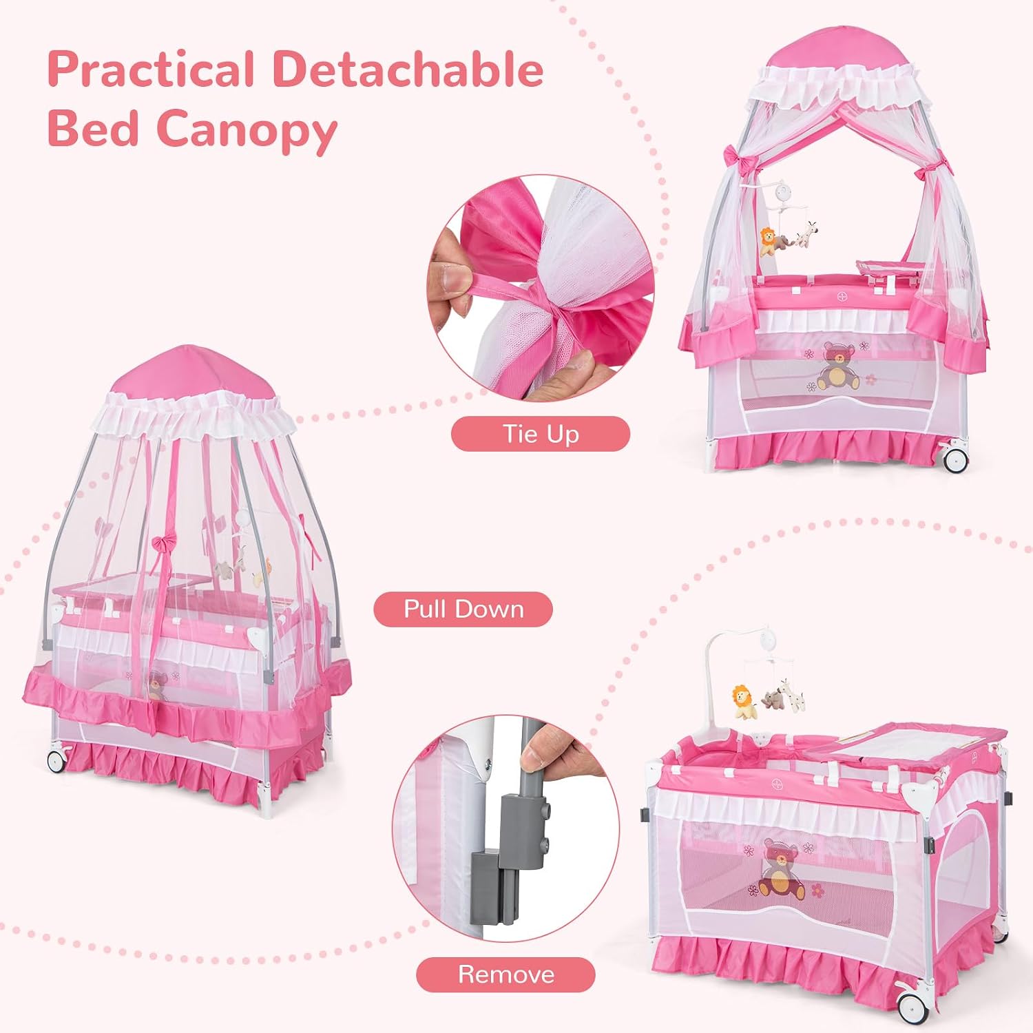 HONEY JOY 4-in-1 Pack and Play with Canopy, Portable Baby Playard w/Changing Table and Infant Bassinet Cute Toys & Music