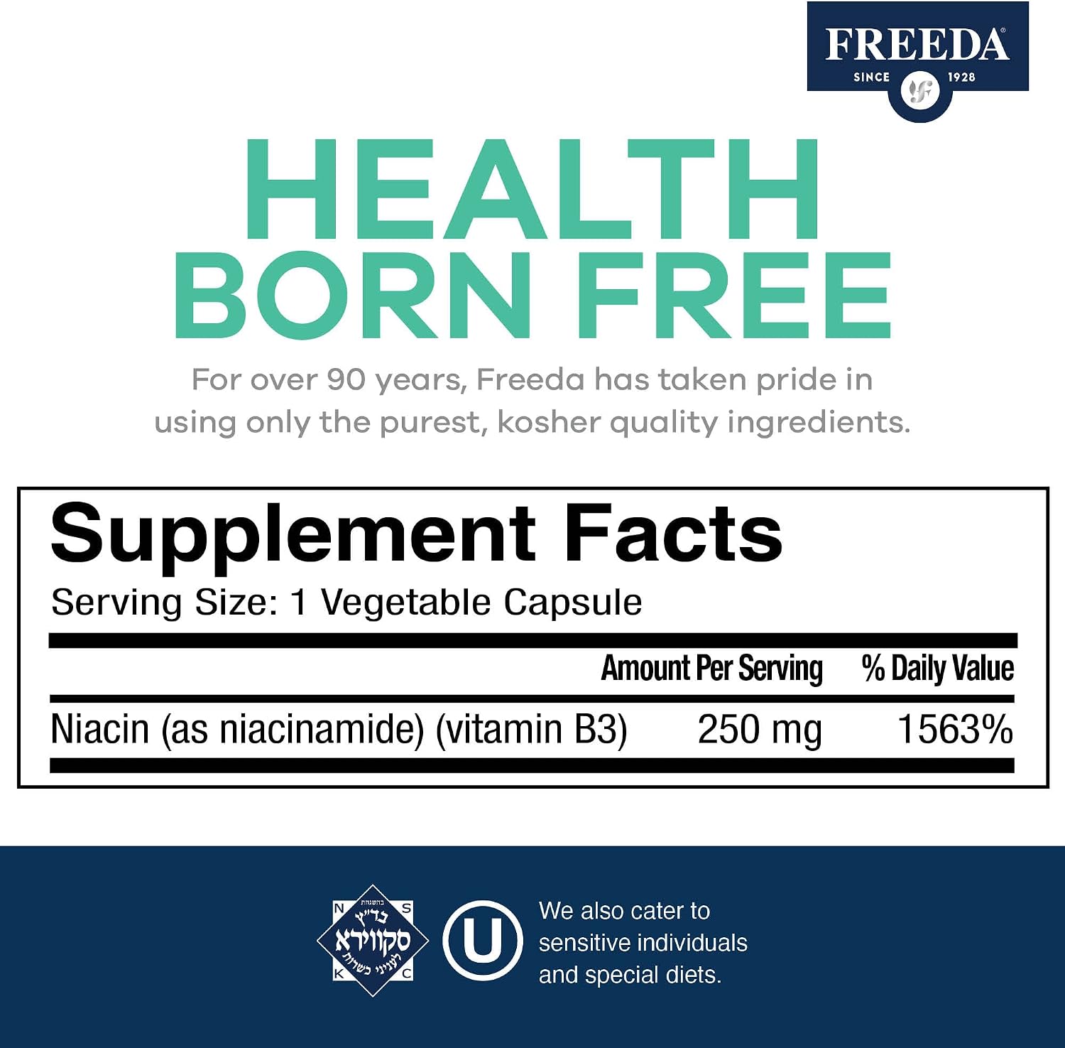 FREEDA 250mg Niacinamide & Vitamin B3 Supplement - 500 Capsules | Vegetarian Niacinamide Supplement with No-Flush Formula - Supporting Skin Health &