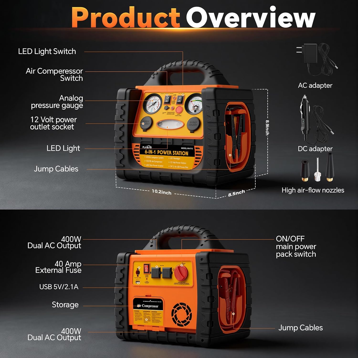 Portable Jump Starter with Air Compressor, FlyAuto 2200A Battery Booster for Cars, Trucks & SUVs, Up to 8.5L Gas & 8.0L Diesel, 150PSI Tire Inflator