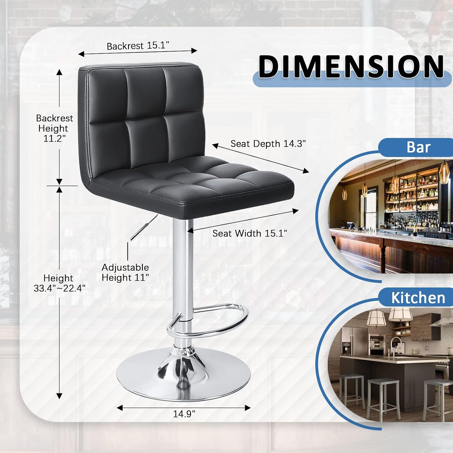 Homall Bar Stools Modern PU Leather Adjustable Swivel Barstools, Armless Hydraulic Kitchen Counter Bar Stool Extra Height Square Island Barstool with Back Set of 2 (Leather, White)