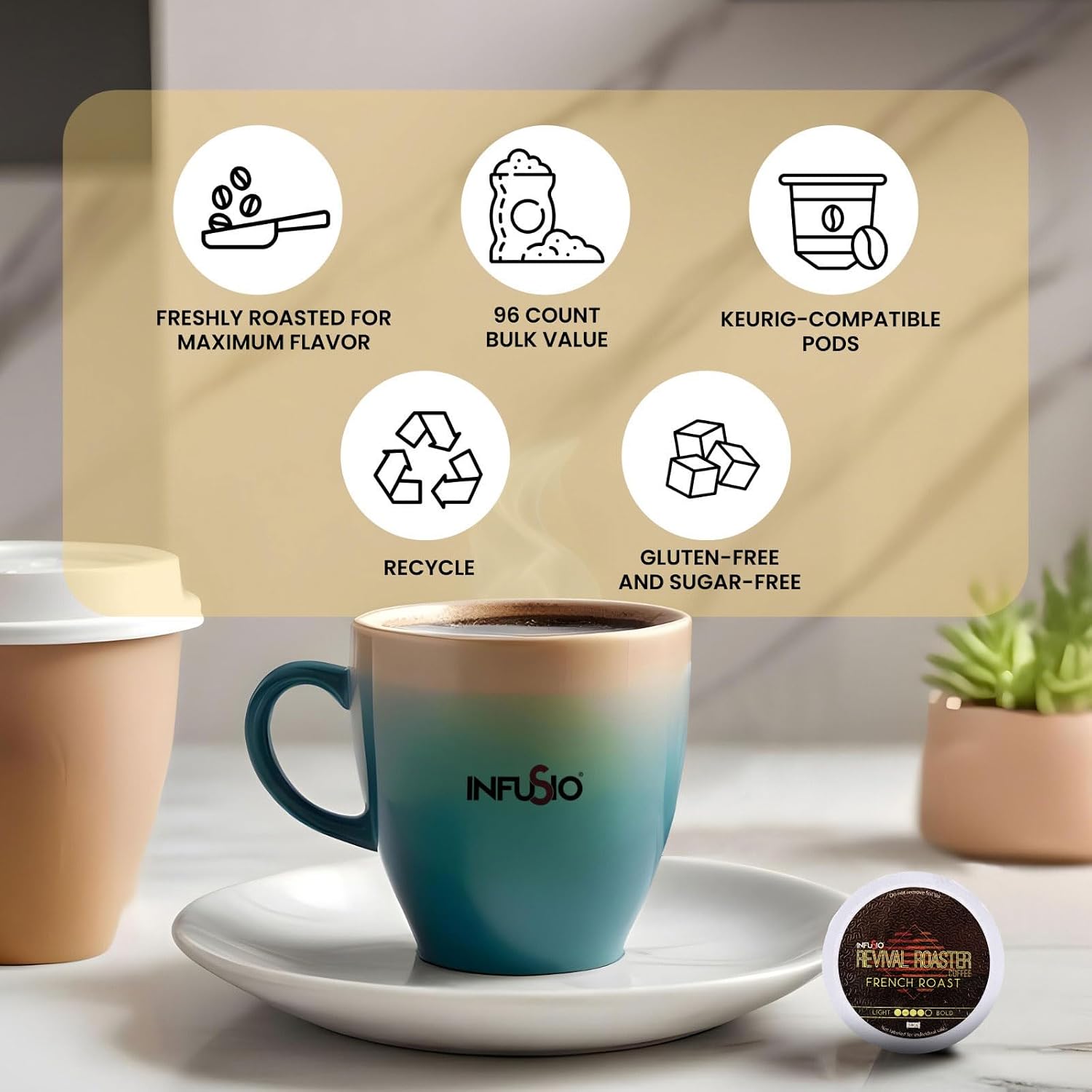 InfuSio Coffee Pods Variety Pack – 96 Count, 12 Blends of Crafted Origins and Indulgent Flavors Including Bourbon Pecan, Butter Toffee & Hazelnut, Medium & Dark Roast, No Sweeteners, Low Acid, Keurig Compatible