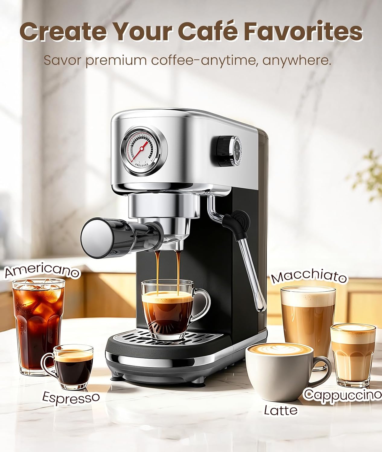 atatix 20 Bar Espresso Machine with Milk Frother, Compact Espresso Maker | Stainless Steel Coffee Machine with Precise Temp Control, 44oz Removable Water Tank for Latte, Cappuccino, White