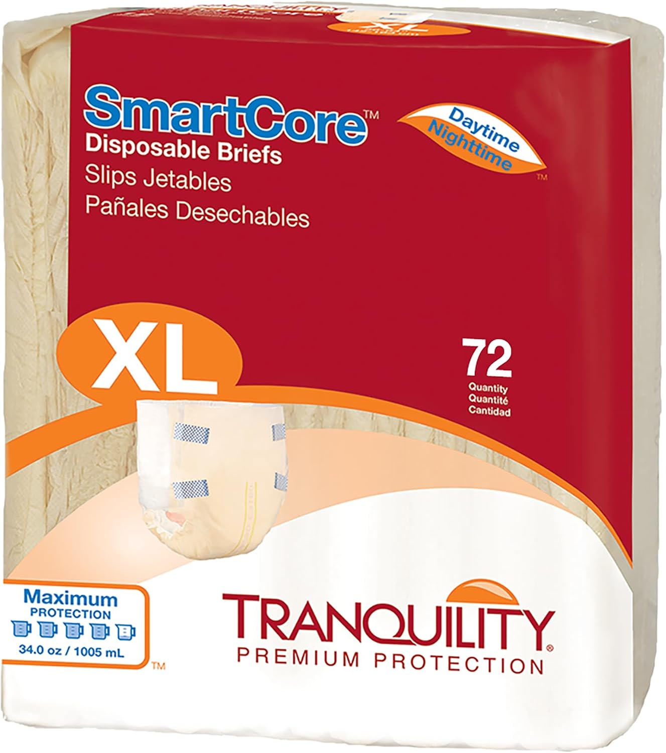 Tranquility SmartCore Adult Disposable Briefs, Incontinence Control with Breathable Kufguard Technology, Fastening Tabs & Wetness Indicator, Latex-Free, Adult XX-Large, 34oz Capacity, 32ct Case