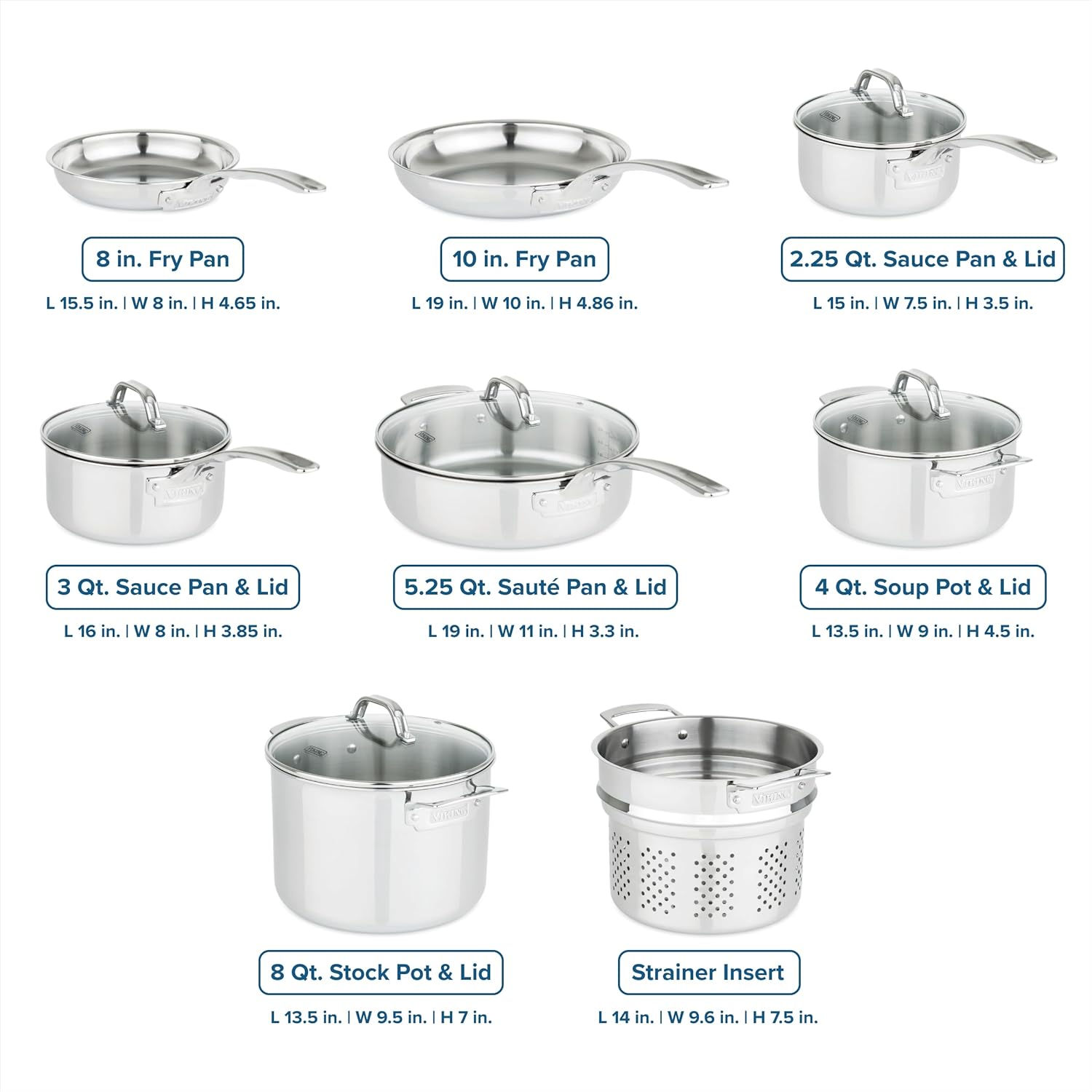 Viking 3-Ply Pots and Pans Set, 17 Piece Stainless Steel Cookware Glass Lids, Steamer Insert, Silver