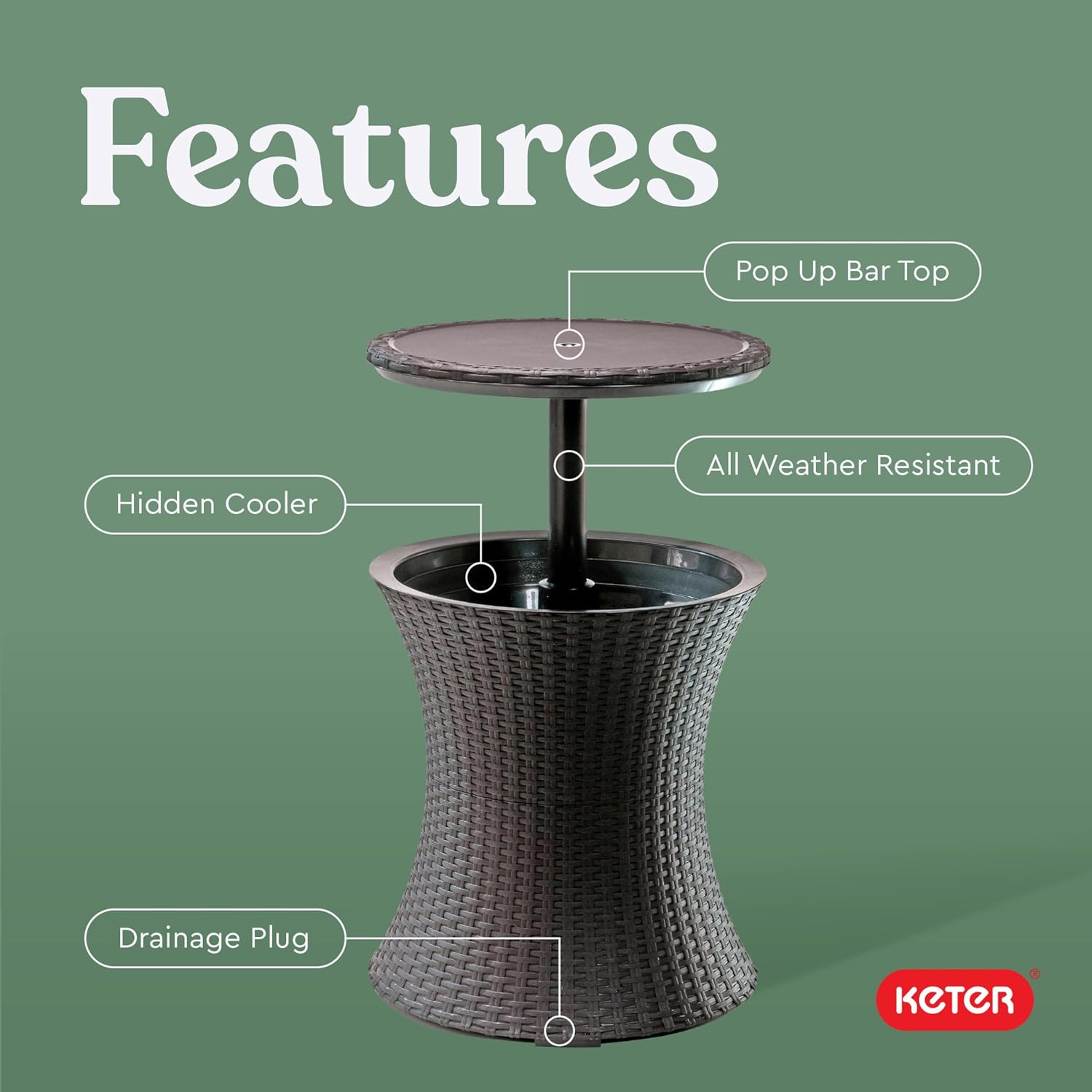 Keter Pacific Cool Bar Outdoor Patio Furniture and Hot Tub Side Table with 7.5 Gallon Beer and Wine Cooler, Espresso Brown