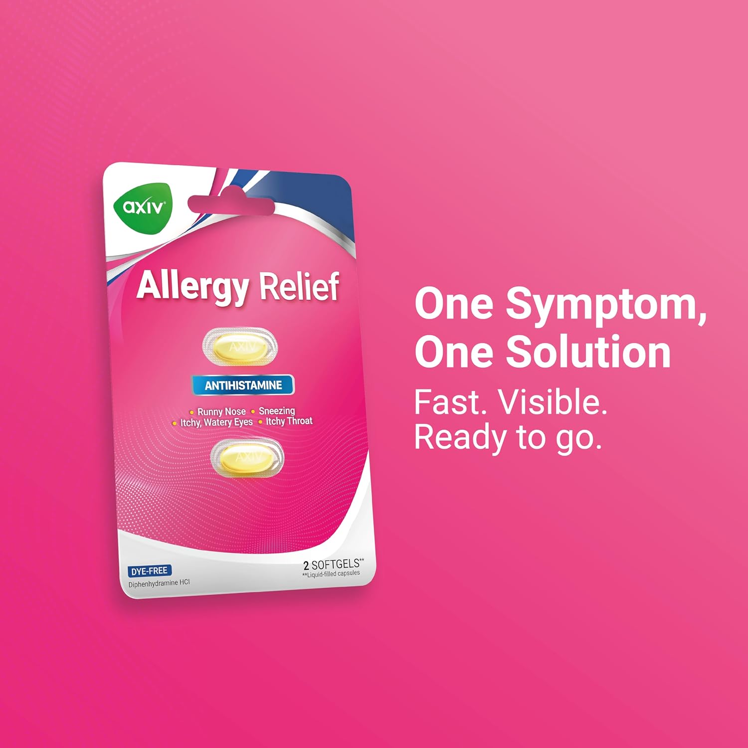 AXIV Allergy Relief Softgels, Antihistamine Medicine & Cold Symptom Relief, Dye-Free Liquid Gels, 25 mg Diphenhydramine HCl, Runny Nose, Sneezing, 24 Count (24 Softgels)