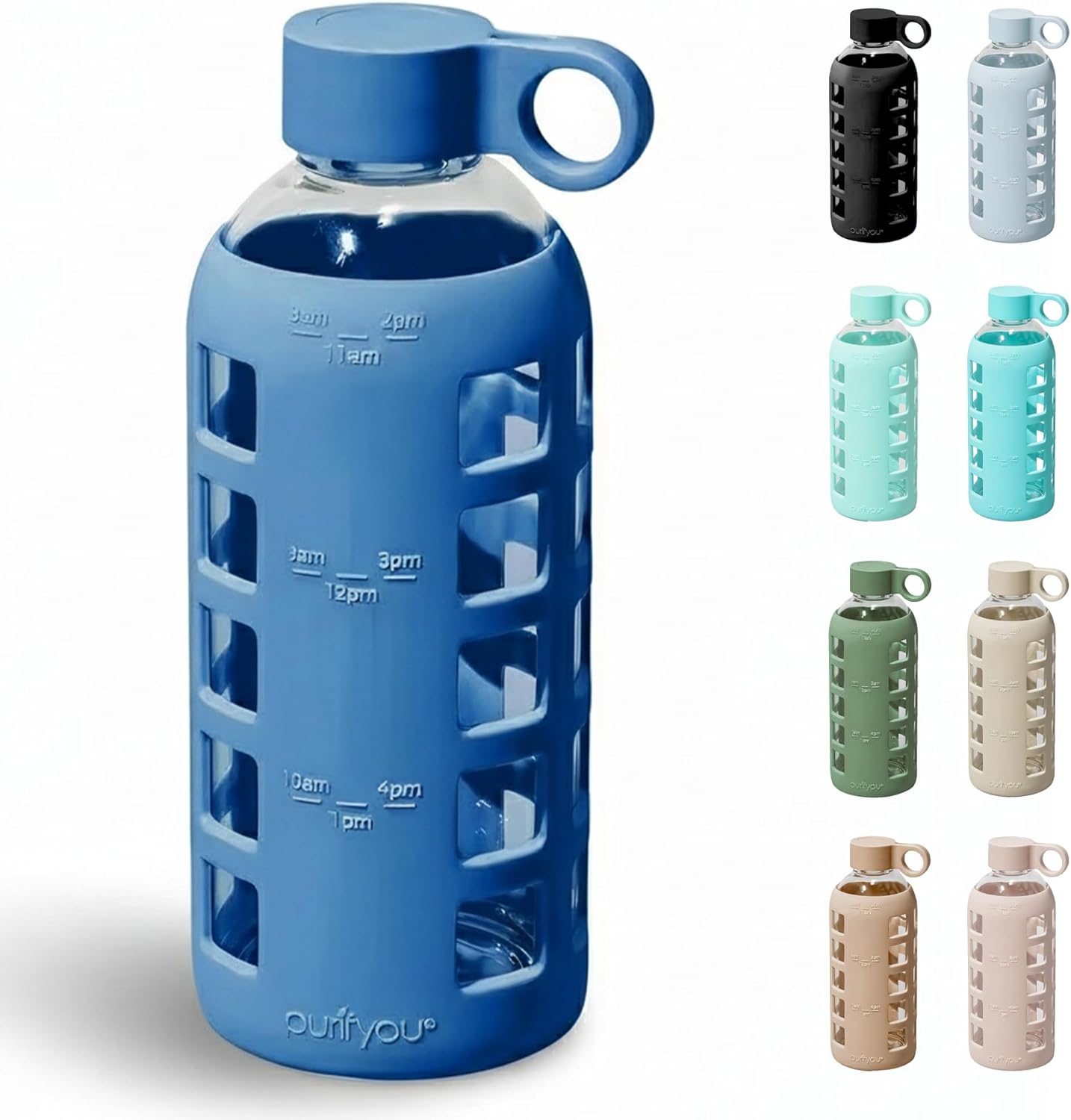 purifyou 40oz / 32oz / 22oz / 12oz Borosilicate Glass Water Bottle with Time & Volume Markers, Silicone Sleeve