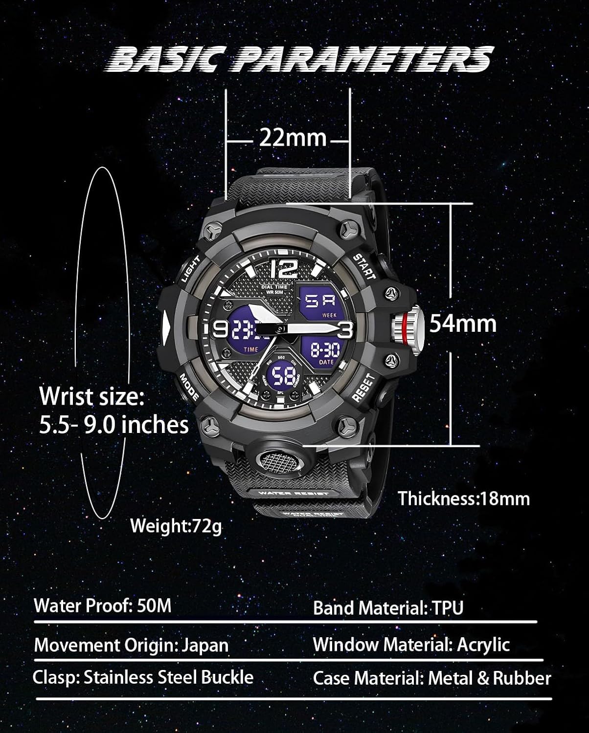 Gosasa Men's Large Face Outdoor Sports Watches Military S-Shock Watch Waterproof, Backlight, Alarm, Stopwatch Features - Rugged Wristwatch for Training, Hiking, and Adventure