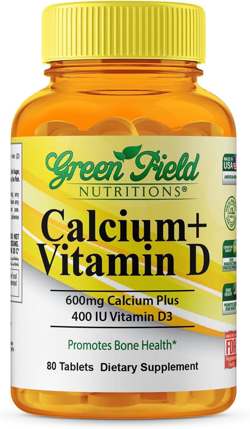 Greenfield Nutritions Halal Calcium Tablets with Vitamin D3 - Halal Calcium 600mg with Vitamin D3 400IU - 90 Halal Vitamins Calcium Tablets for