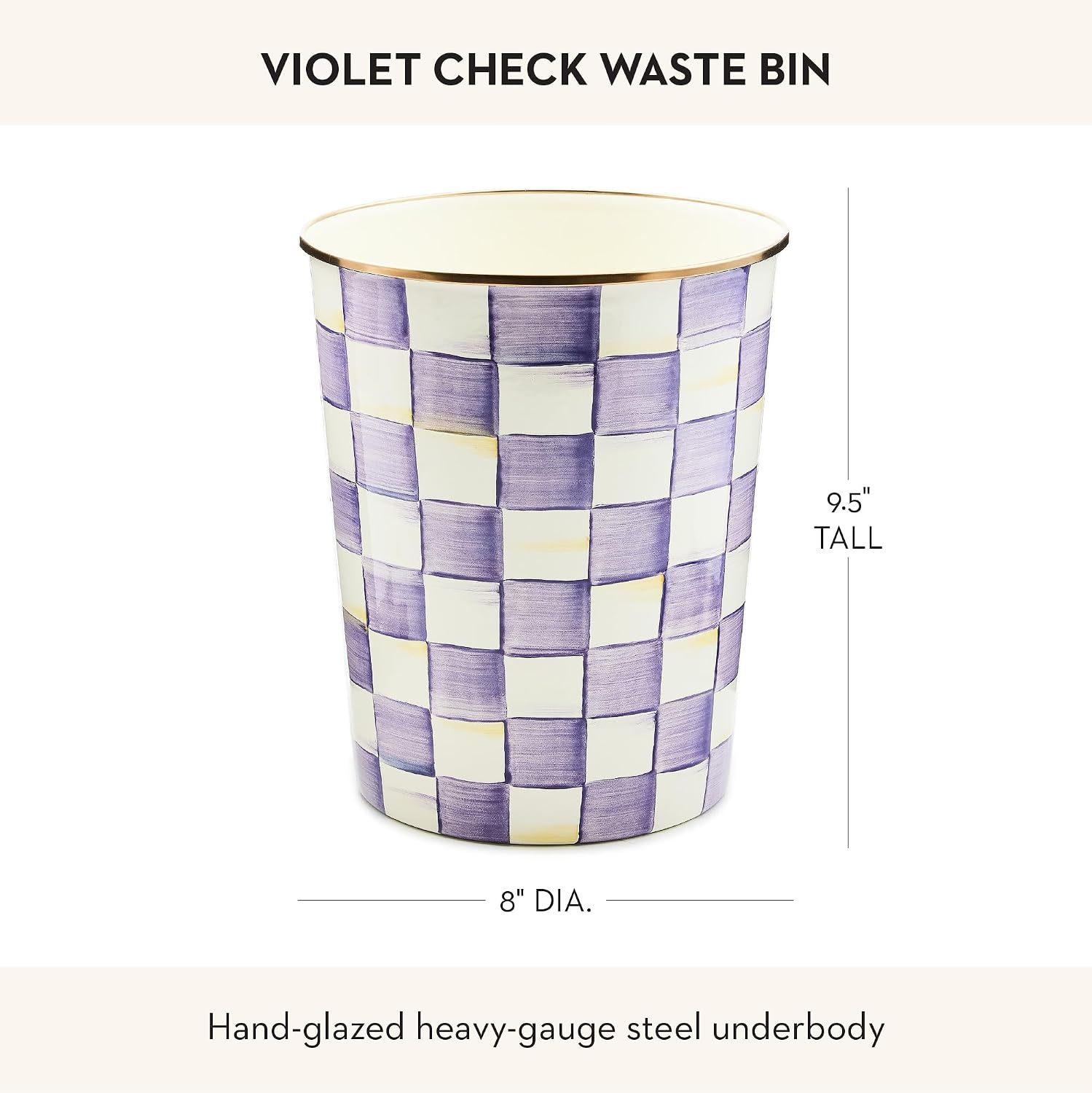 MACKENZIE-CHILDS Waste Bin, Black-and-White Courtly Check | Hand-painted design, made from enameled steel, decorative bedroom or bathroom trash can, 8" dia. x 9.5" H