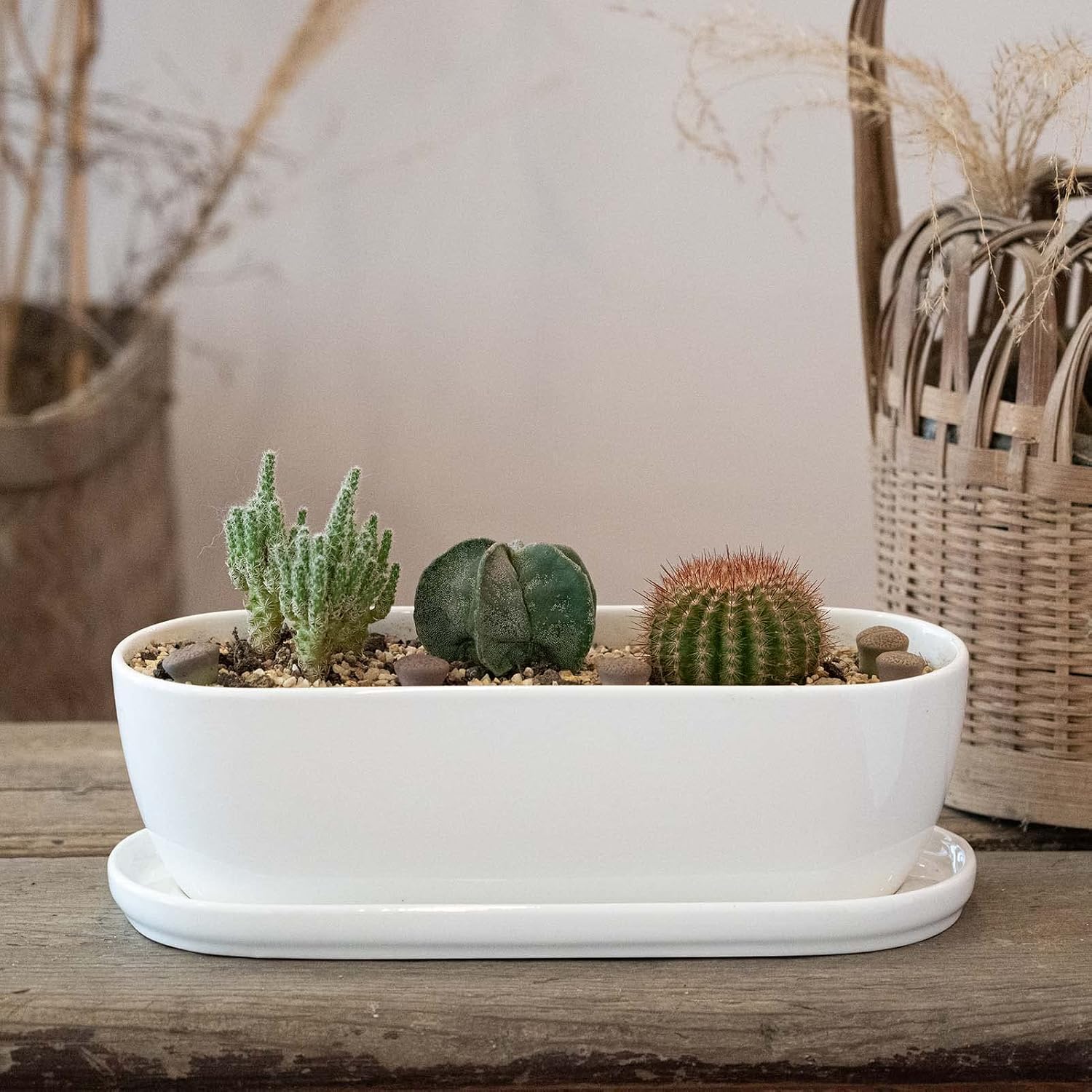 E-liu 11 Inch Oval Ceramic Planter Pot with Drainage Hole Saucers