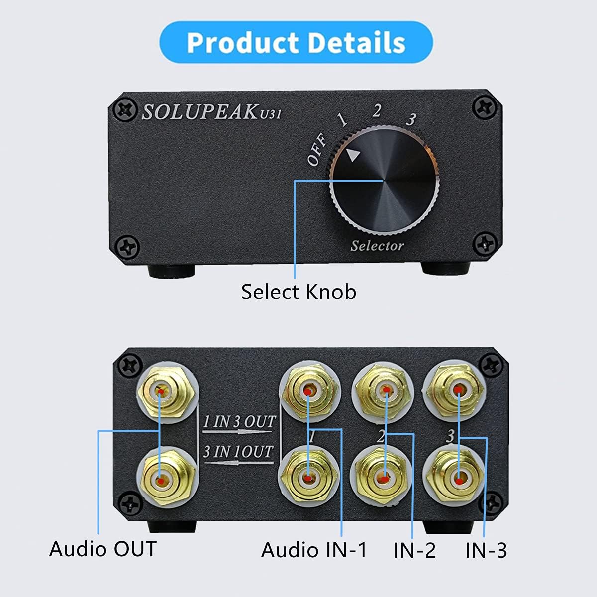 U31 3 Way RCA Audio Switcher, Stereo Audio Switch Selector Box