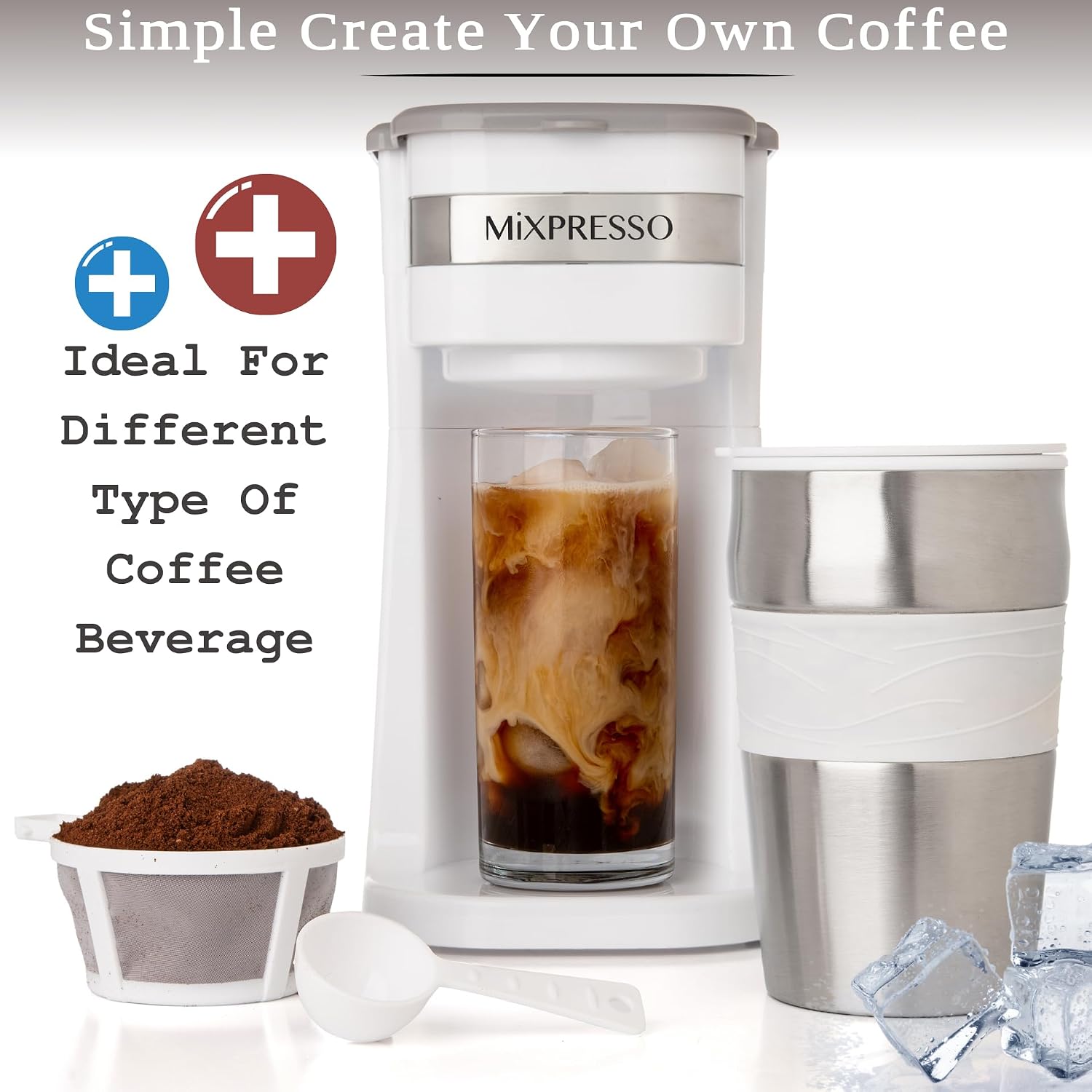 Mixpresso Single Serve & Single Cup Coffee Maker with 14oz Travel Mug Black | For ground coffee only, reusable filter, auto shut off. Compact personal drip coffee maker, not compatible with K-Cup pods.