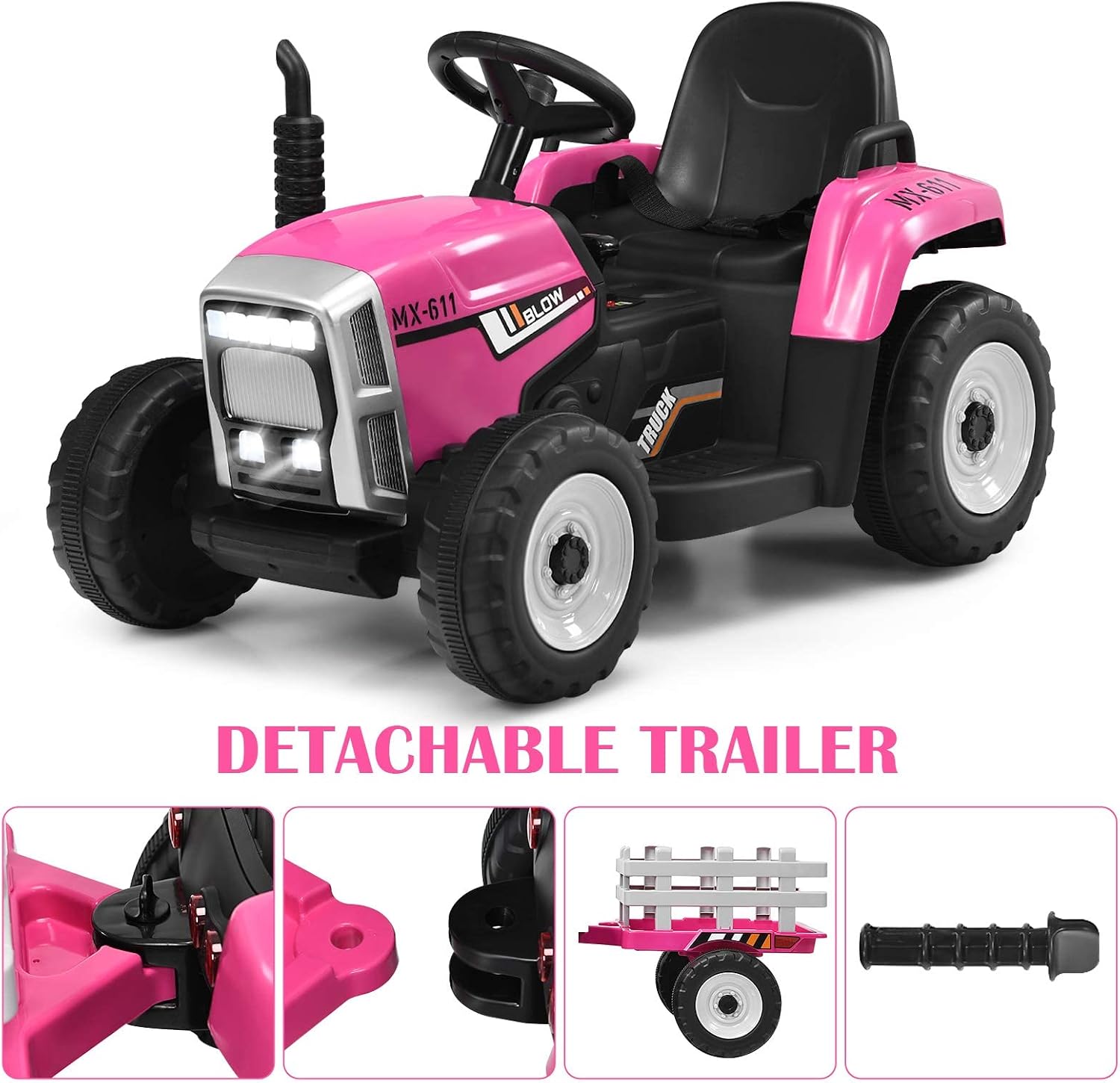Costzon Ride on Tractor with Detachable Trailer, Kids' Electric Vehicles w/3-Gear-Shift Ground Loader, Wireless Design & USB, 7 LED Headlights