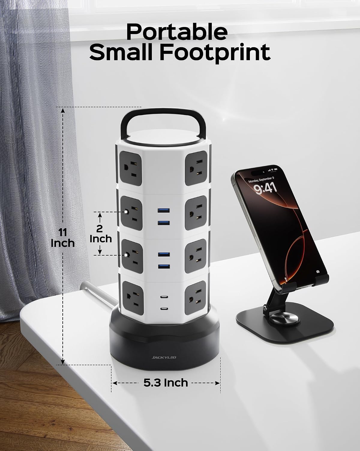JACKYLED Power Strip Tower Surge Protector, 12 AC 6 USB (2 USB C), 1050J