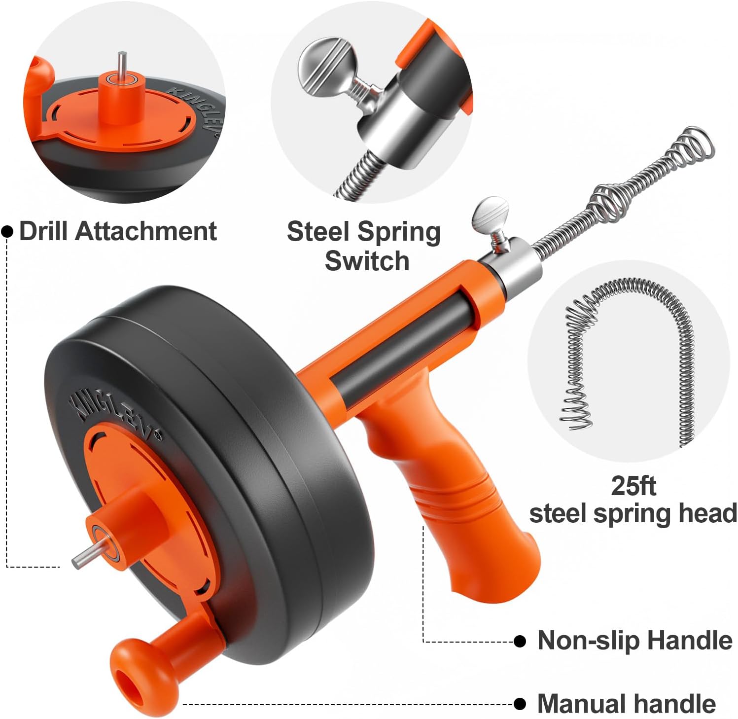 Drain Snake, 25ft Flexible Steel Drain Auger With Drill Adapter, Plumbing Unblocking Hand Auger