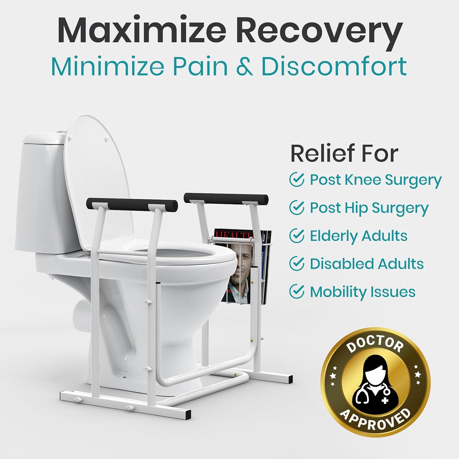 Vive Toilet Safety Rail with Arms - 300LBS Support Frame with Handles | Seniors, Elderly