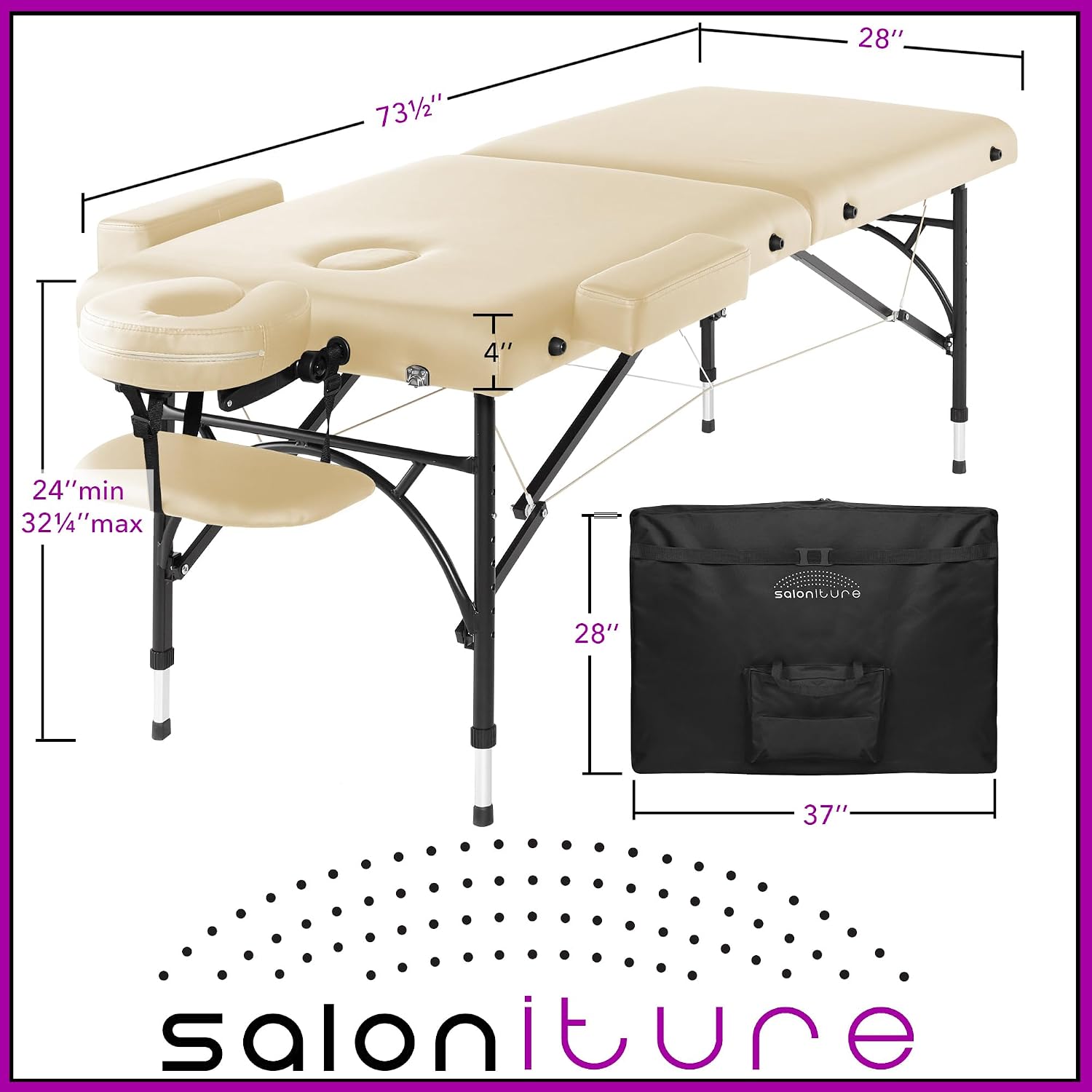 Saloniture Professional Portable Lightweight Bi-Fold Massage Table with Aluminum Legs - Includes Headrest, Face Cradle