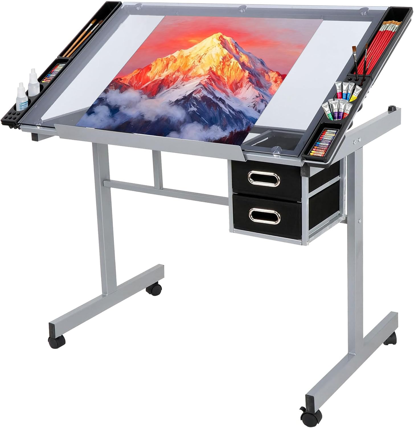 JupiterForce Adjustable Drafting Table Art Desk Drawing Table Versatile Art Craft Work Station Glass Tabletop w/2 Slide Drawers and Wheels for Reading