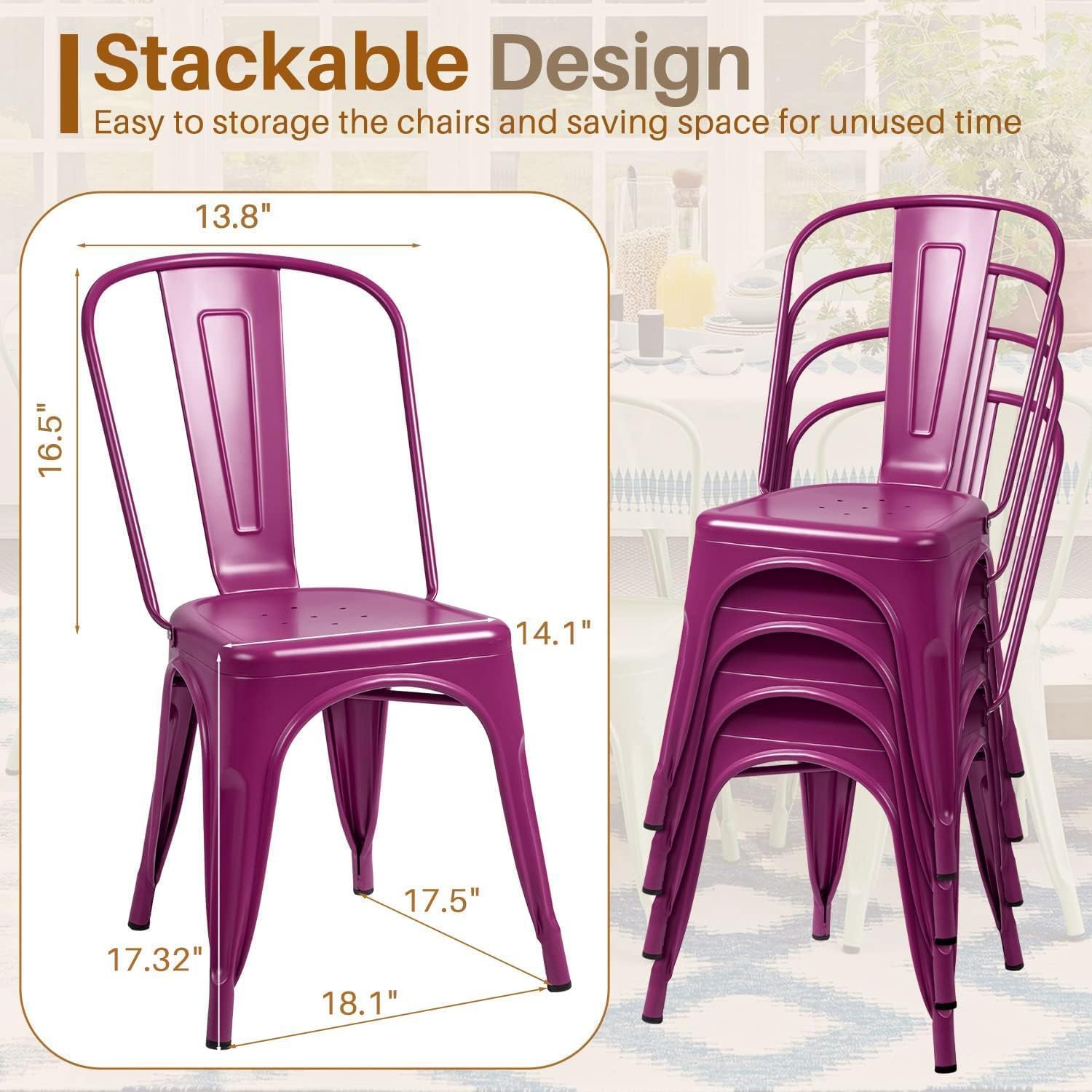 Furmax Metal Dining Chair Indoor Outdoor Use Stackable Classic Trattoria Chair Chic Dining Bistro Cafe Side Metal Chairs Set of 4 (Ivory White)