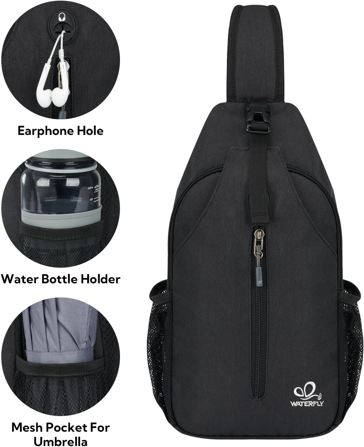 WATERFLY Crossbody Sling Backpack Sling Bag Travel Hiking Chest Bag Daypack (Black) | Small Hiking bag,Multi-compartment storage,Water-resistant,Breathable back pad,Reversible adjustable shoulder strap