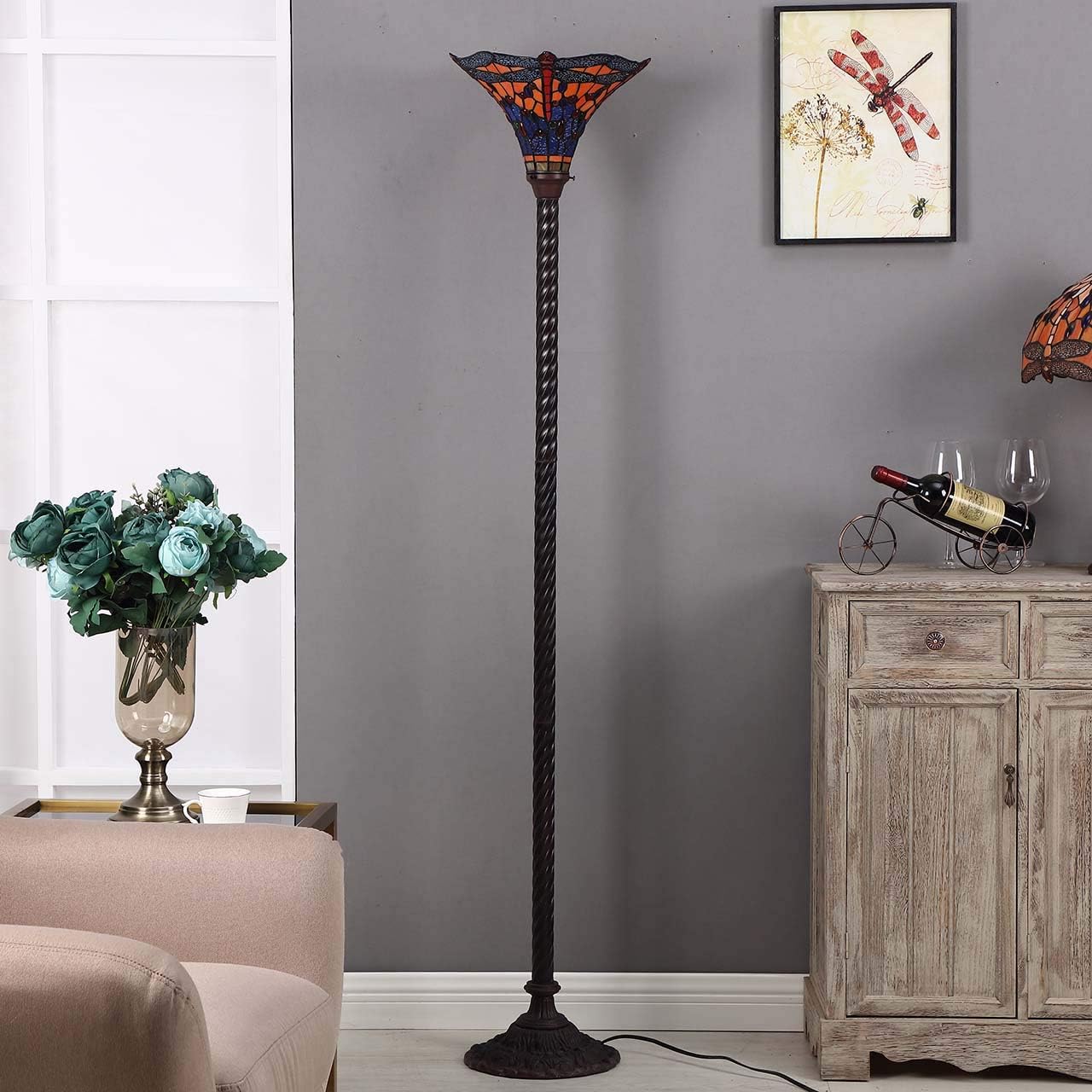 Bieye L10710 Dragonfly Tiffany Style Stained Glass Torchiere Floor Lamp with 13 Inch Wide Handmade Lampshade Metal Base for Dark Corner Living Room